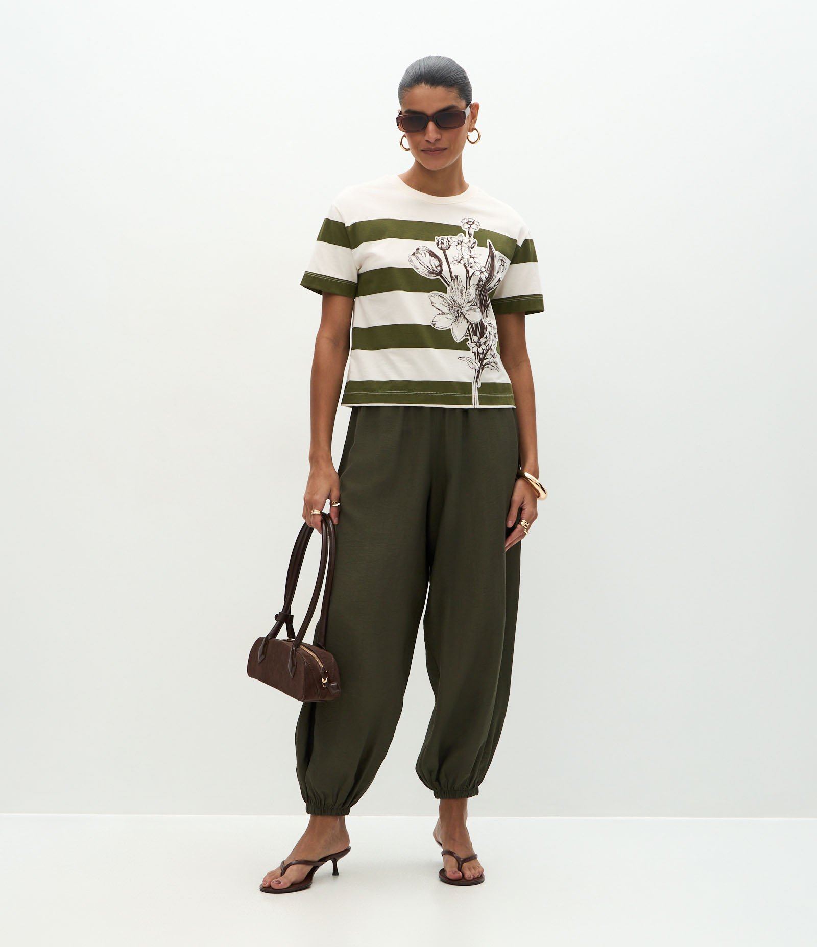 Blusa Listrada em Algodão com Estampa Floral Off White/Verde 2
