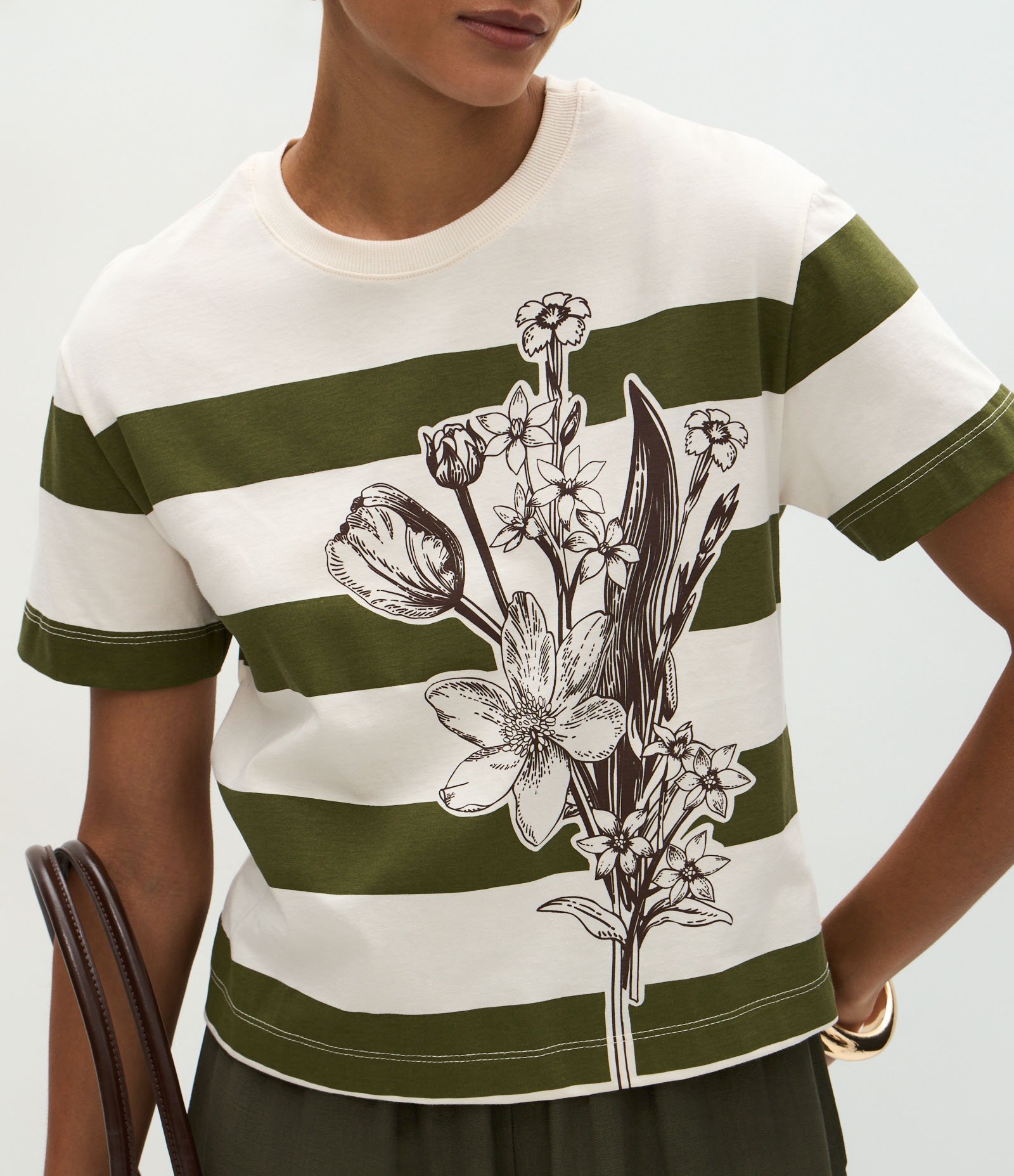 Blusa Listrada em Algodão com Estampa Floral Off White/Verde 4