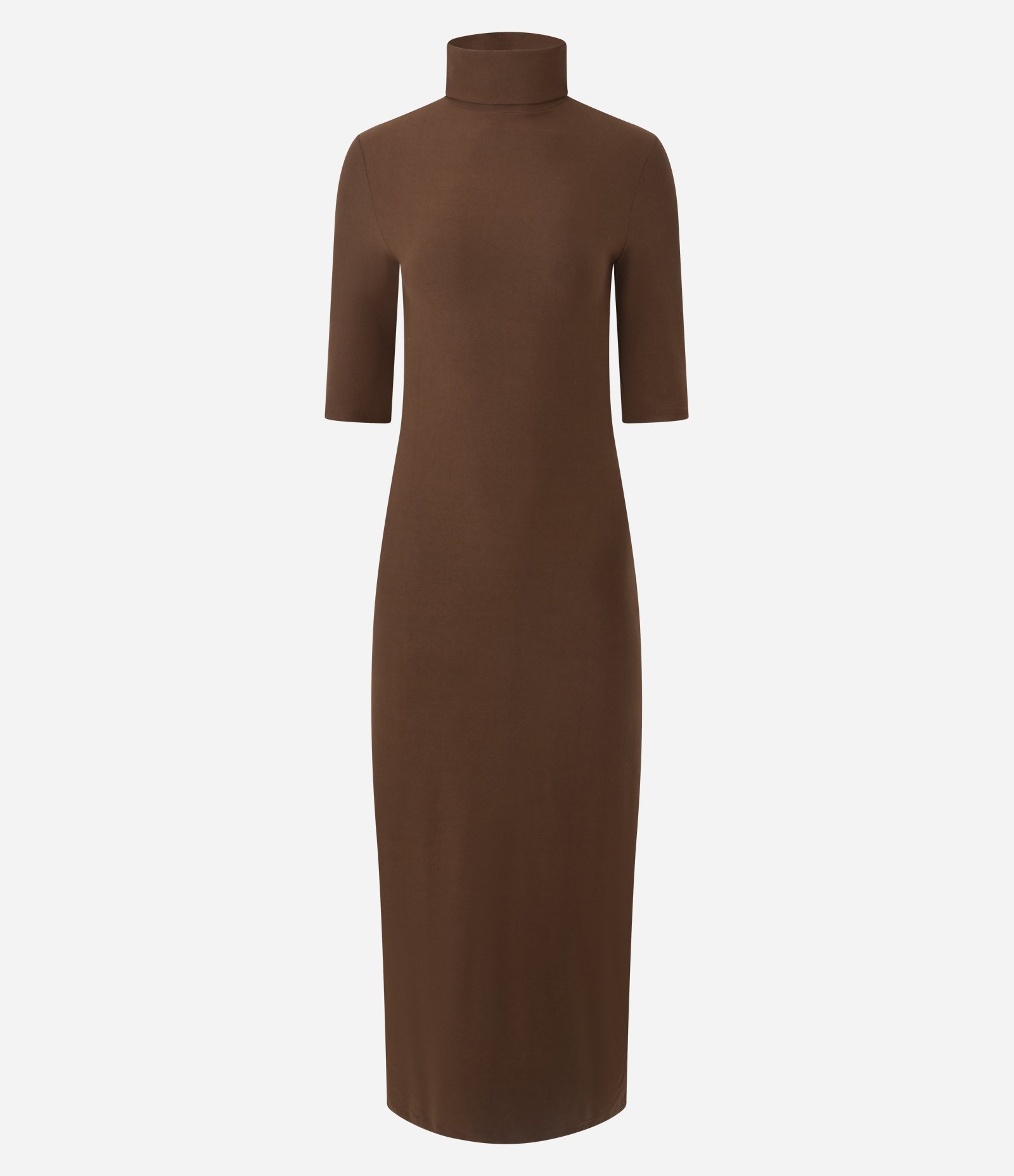 Vestido Midi Ajustado com Gola Alta e Fenda Traseira Marrom 5