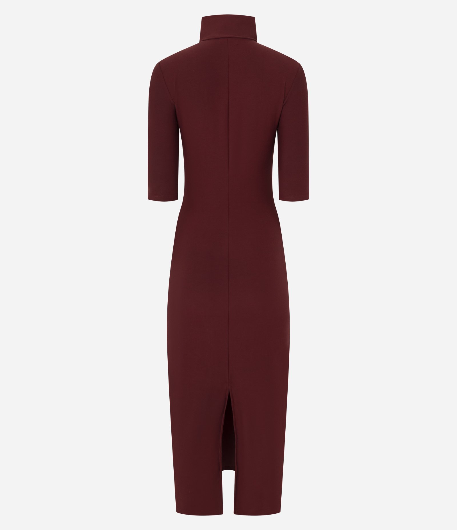 Vestido Midi Ajustado com Gola Alta e Fenda Traseira Bordô 2