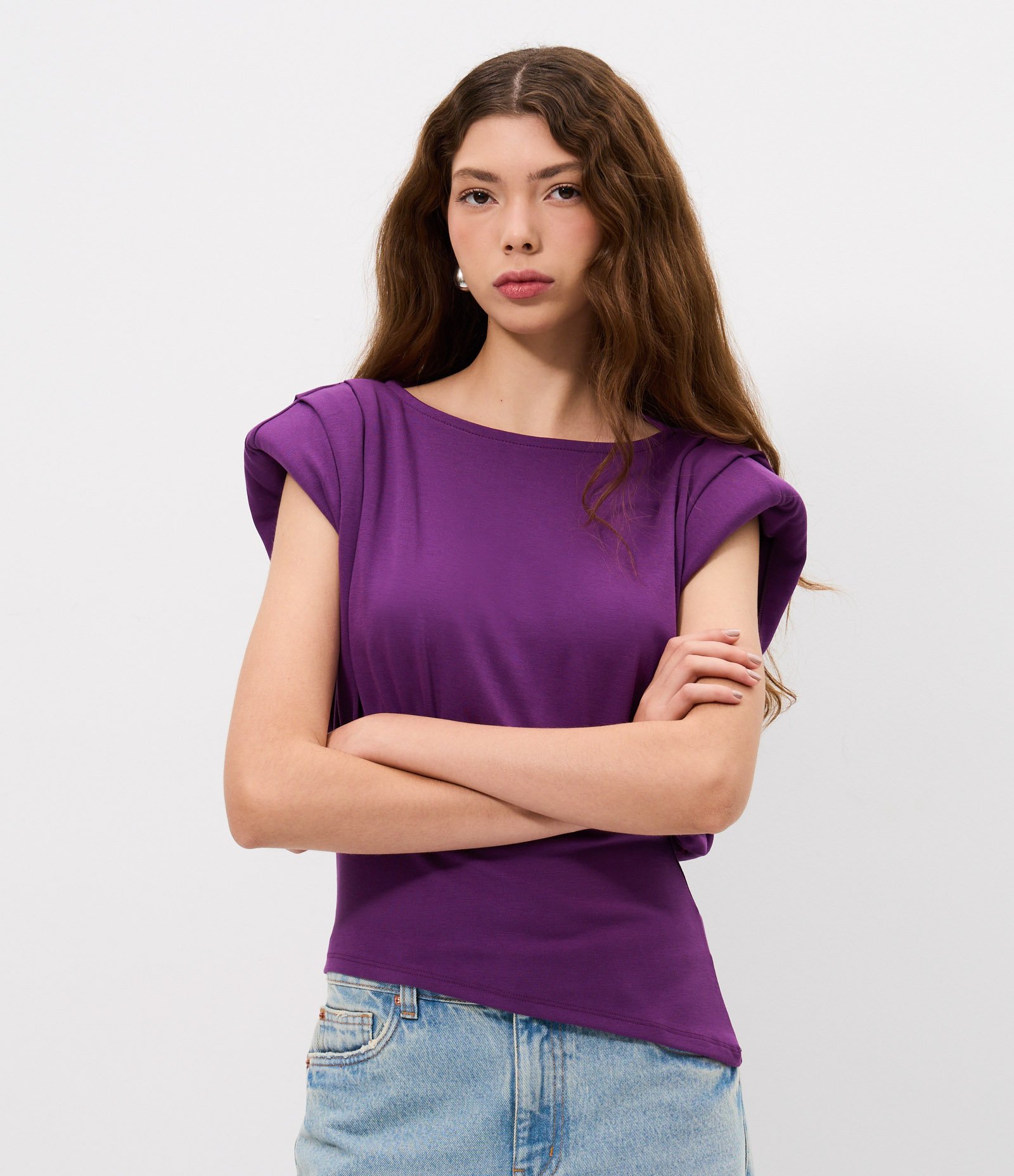 Blusa em Ponto Roma com Ombreira e Pala Roxo 1