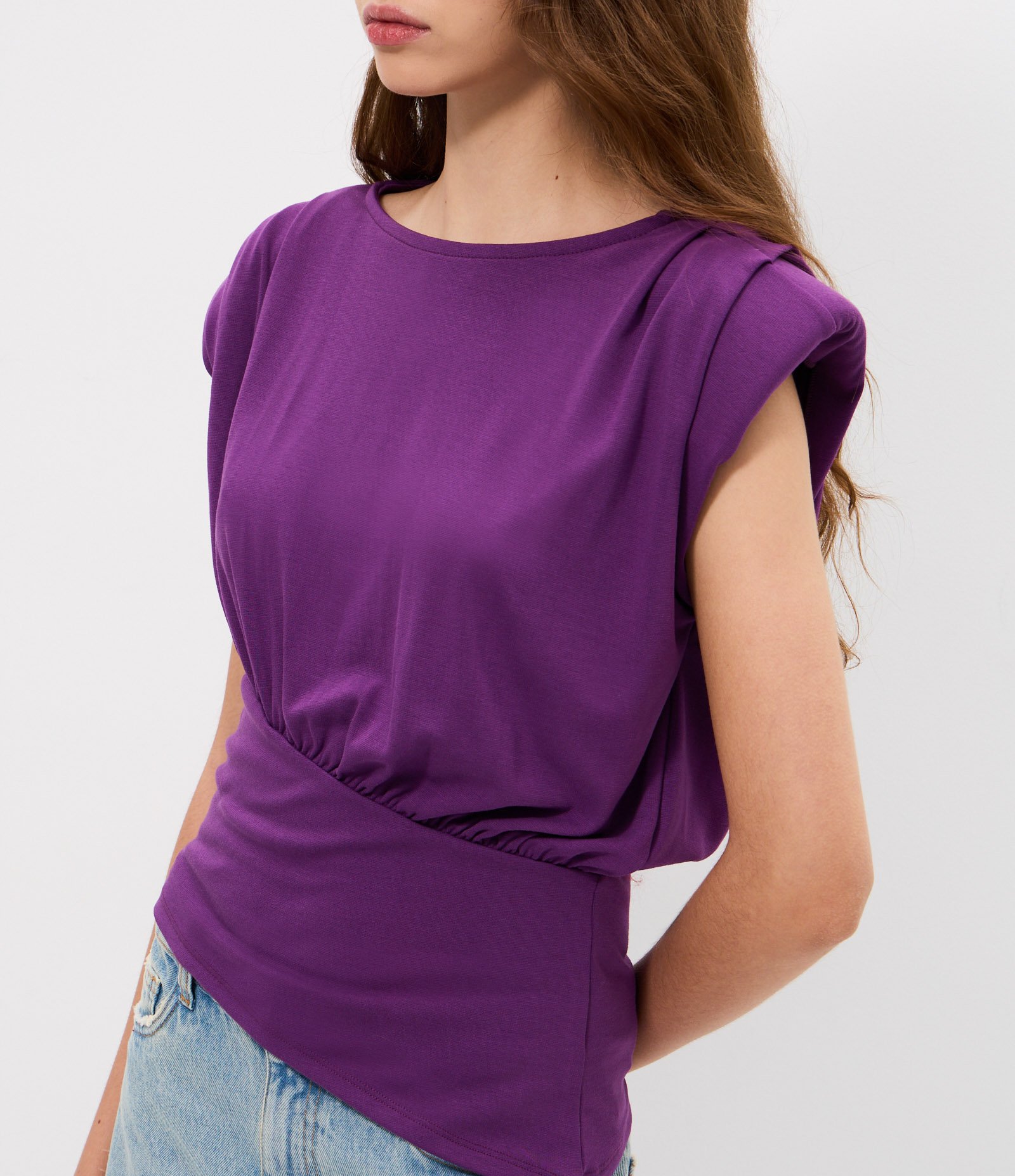 Blusa em Ponto Roma com Ombreira e Pala Roxo 3