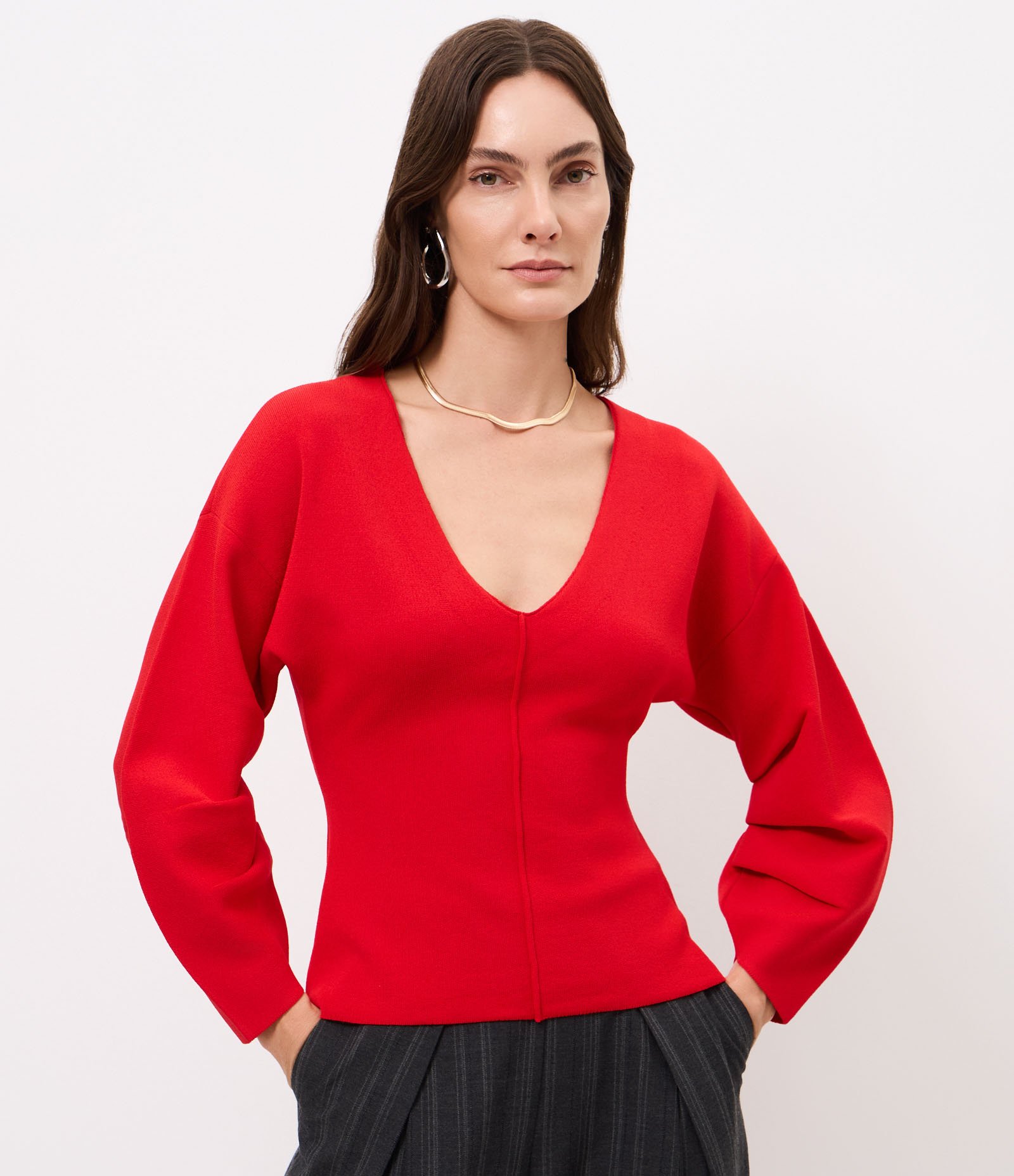 Blusa em Tricô com Manga Volumosa Vermelho 1
