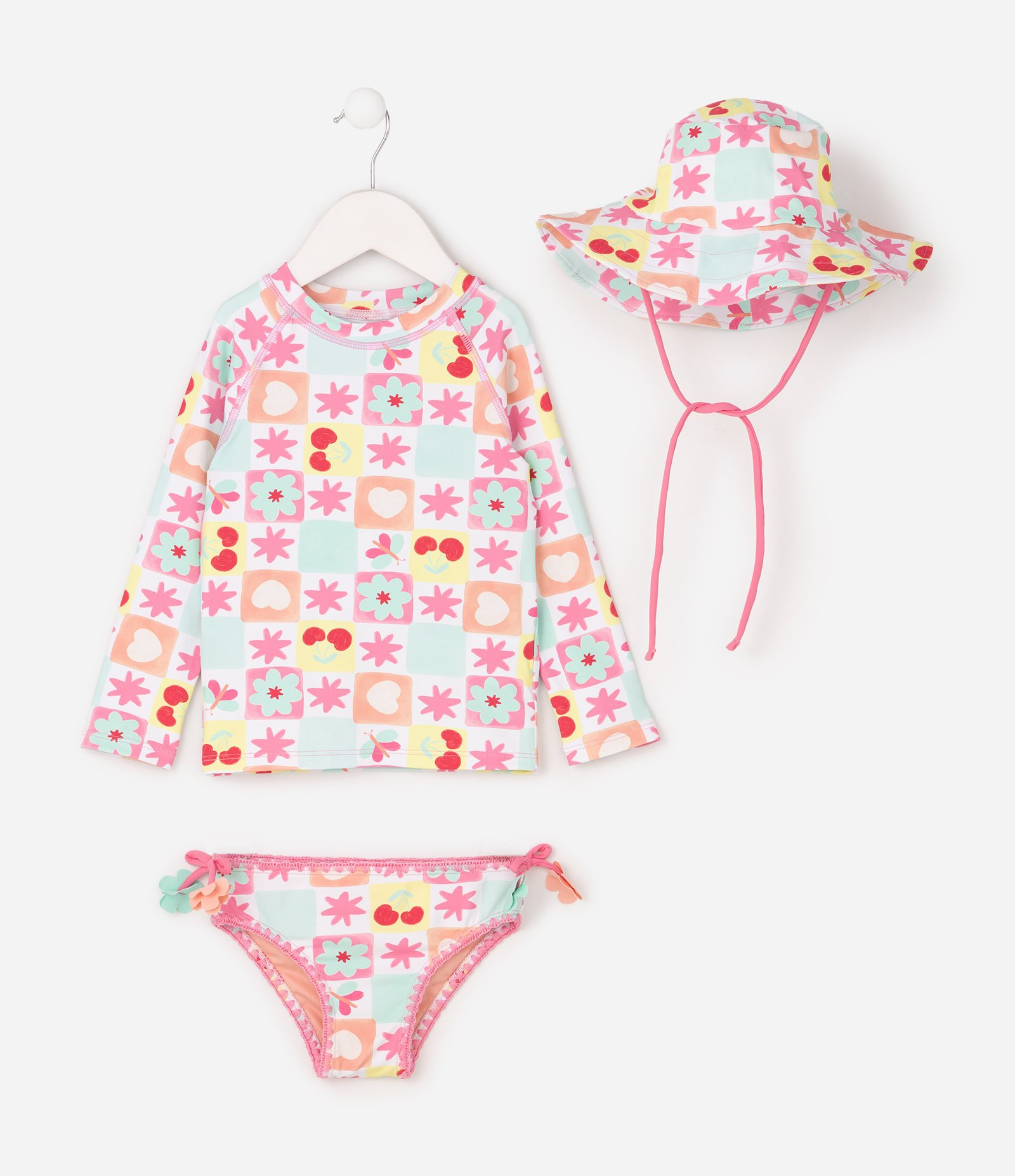 Conjunto Infantil Praia com Blusa Manga Longa Calcinha e Chapéu Estampado - Tam 1 a 12 Anos Multicores 1