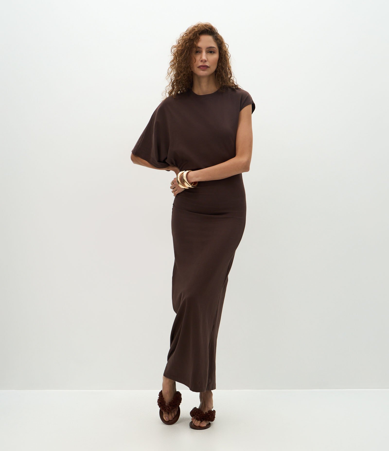 Vestido Longo Assimétrico em Algodão Marrom 1