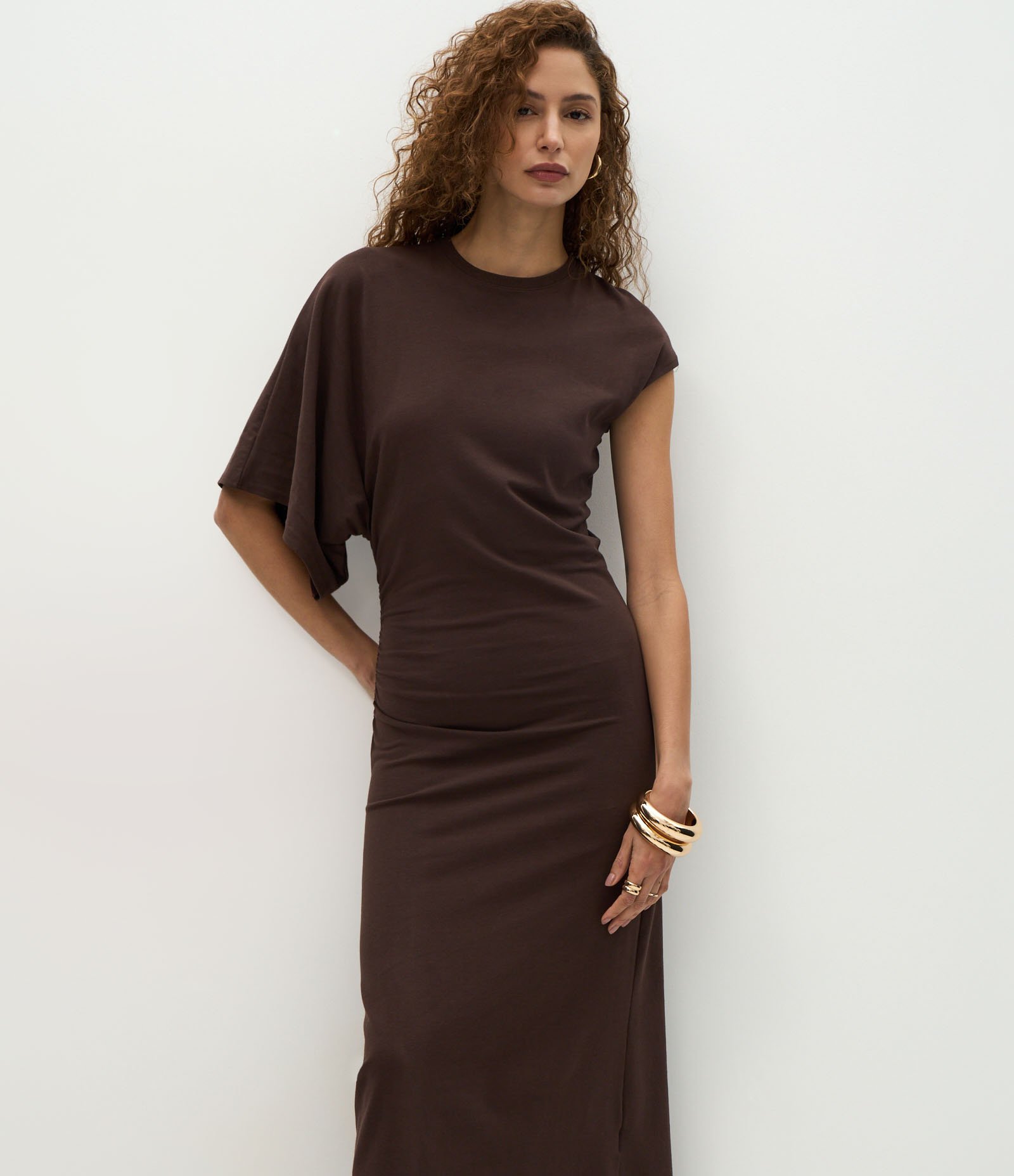 Vestido Longo Assimétrico em Algodão Marrom 2