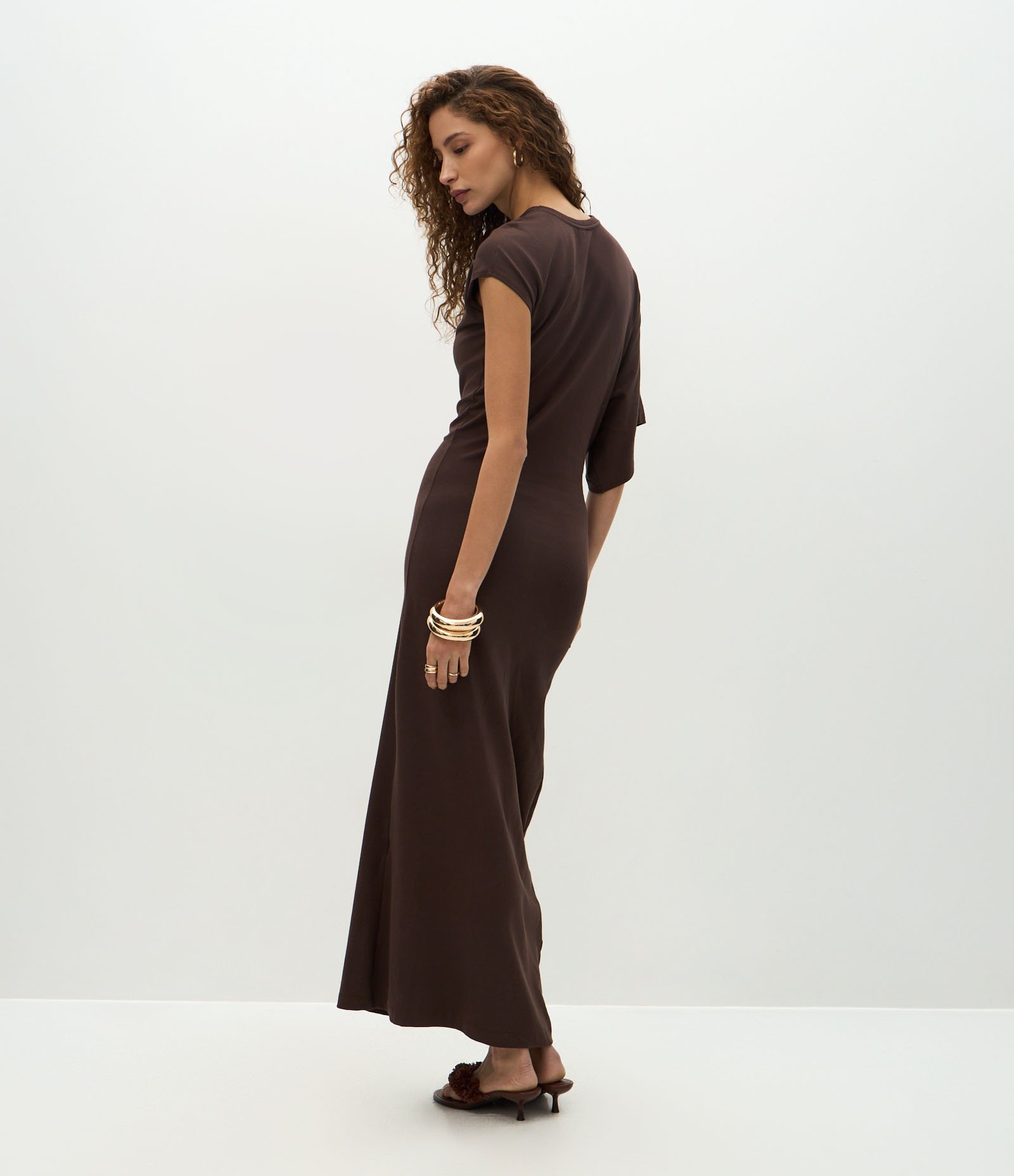 Vestido Longo Assimétrico em Algodão Marrom 4