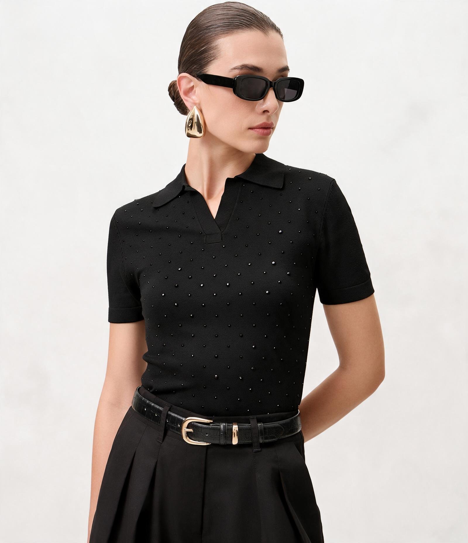 Blusa Polo em Tricô com Aplicação de Brilhos Preto 4