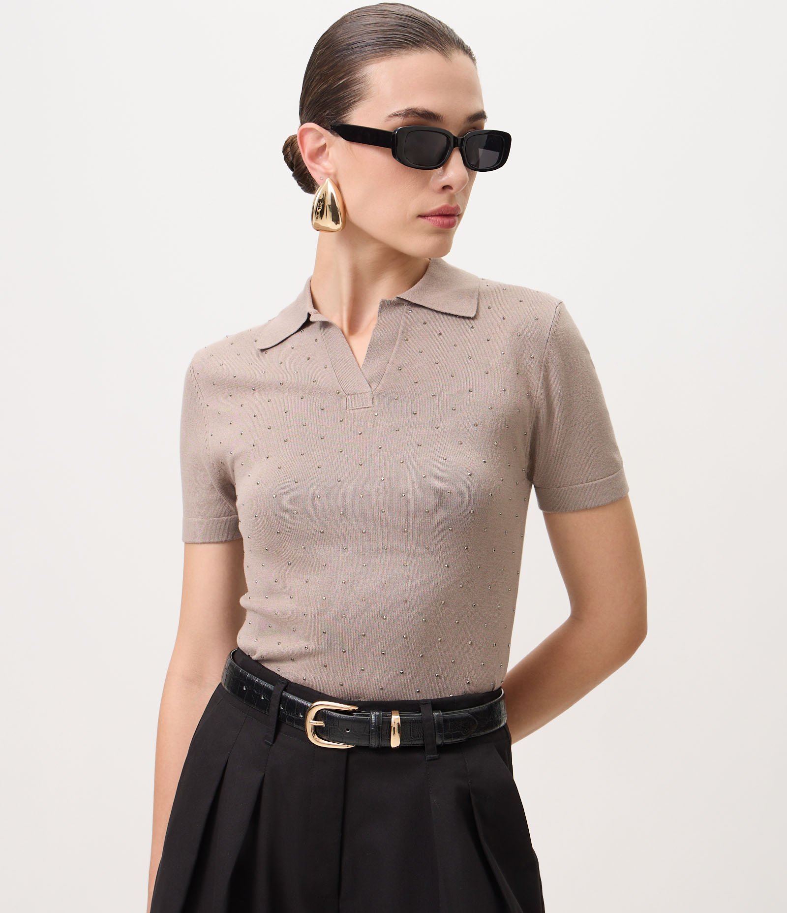 Blusa Polo em Tricô com Aplicação de Brilhos Rosa 1