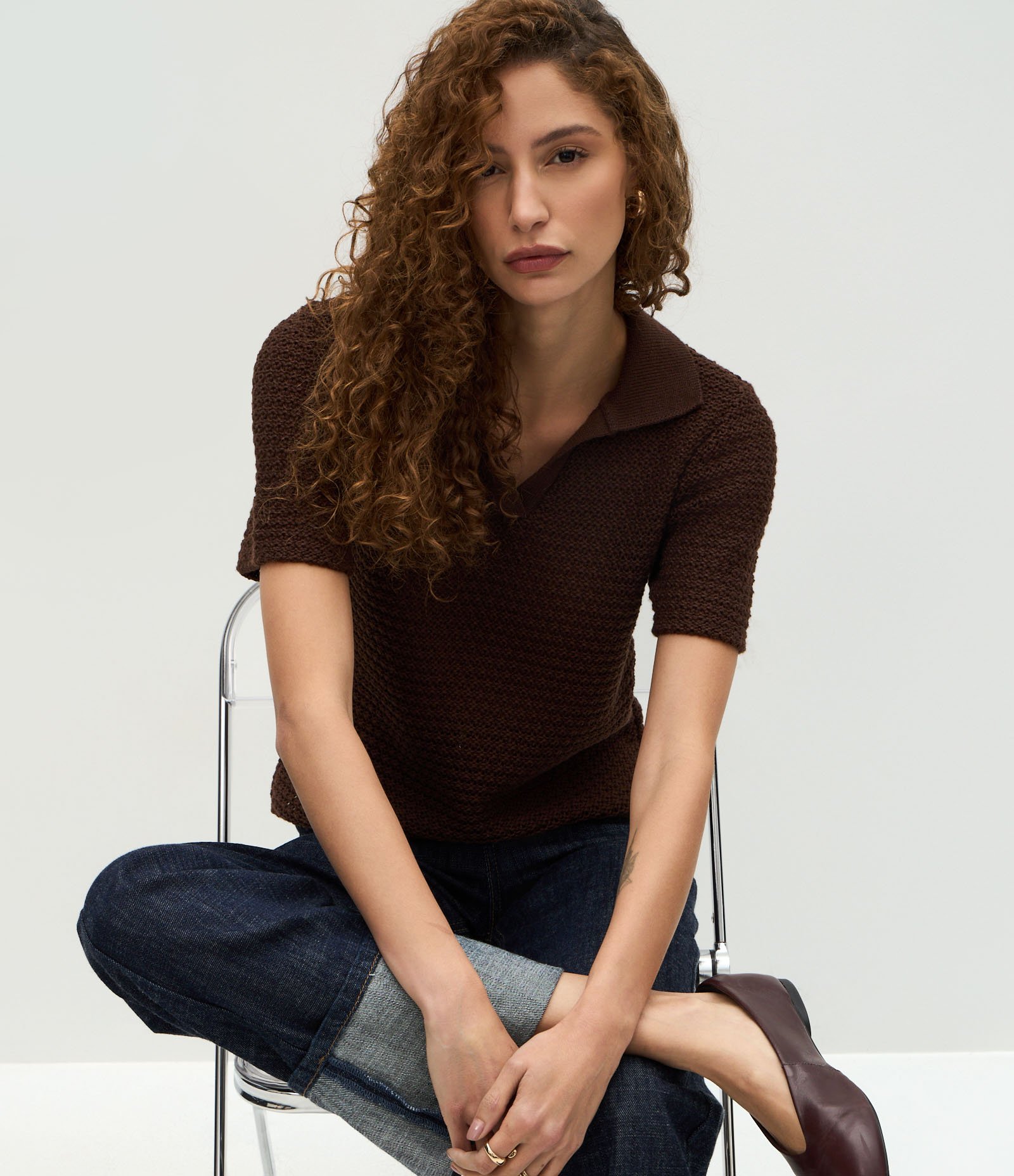 Blusa em Tricô com Gola Polo Marrom 5