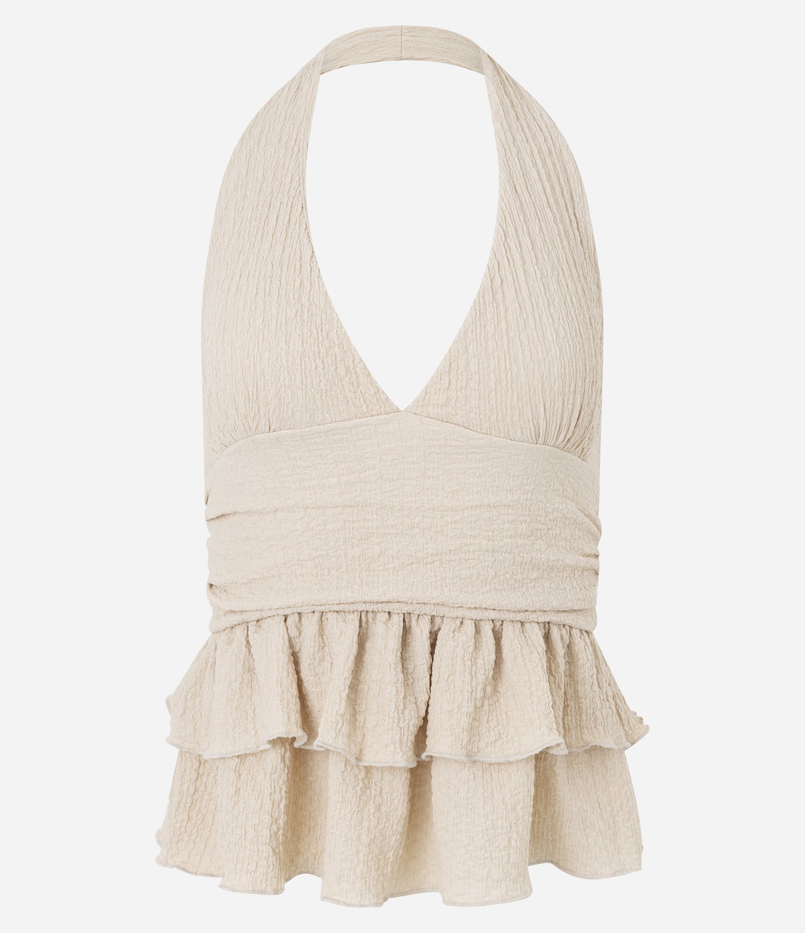 Blusa Frente Única Texturizada com Babados Bege 5
