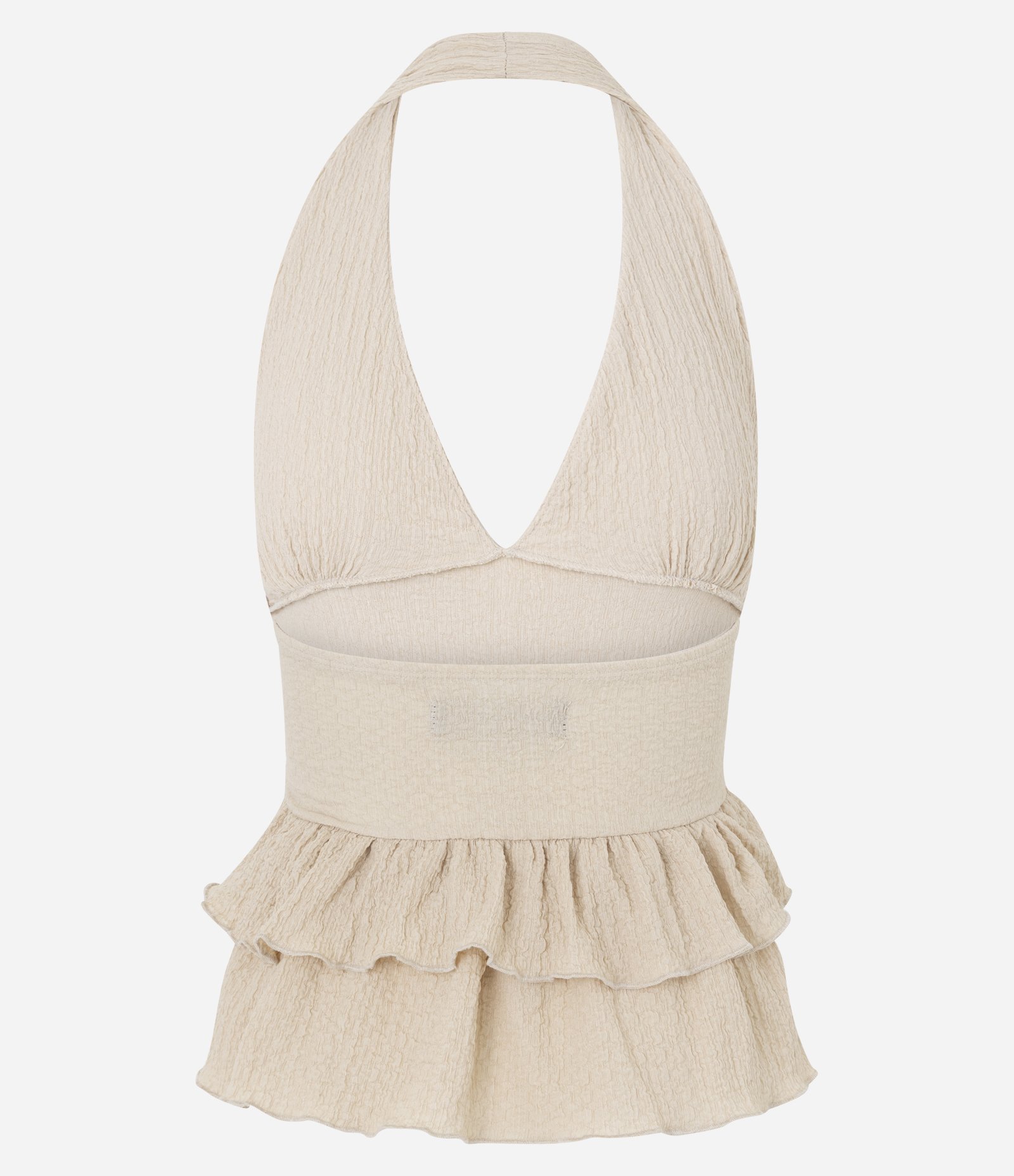 Blusa Frente Única Texturizada com Babados Bege 7