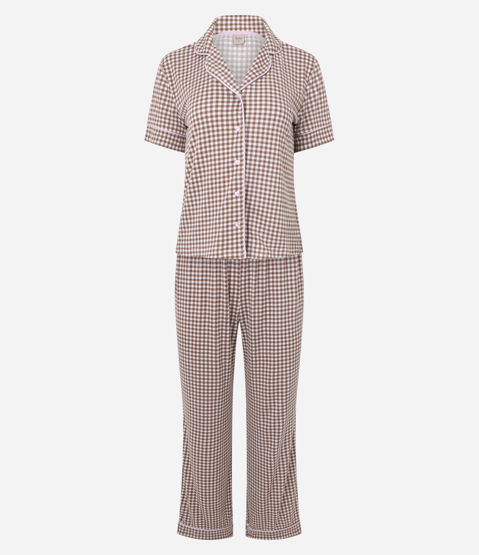 Pijama Longo Americano em Ribana com Estampa Xadrez Vichy Marrom 6
