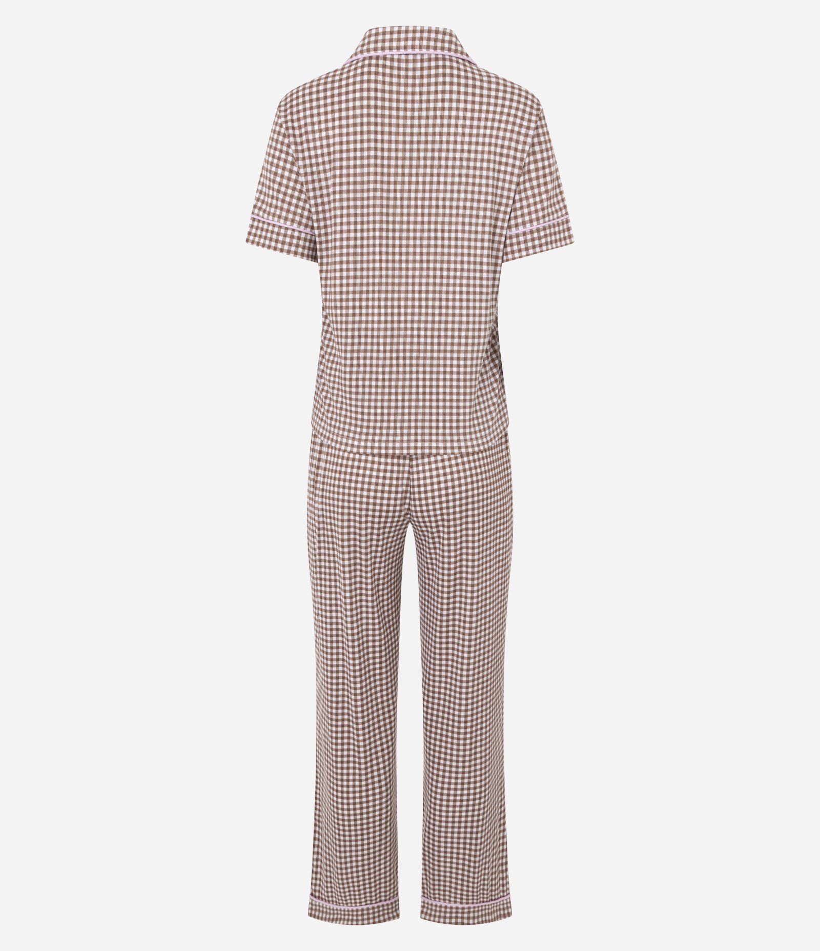 Pijama Longo Americano em Ribana com Estampa Xadrez Vichy Marrom 7