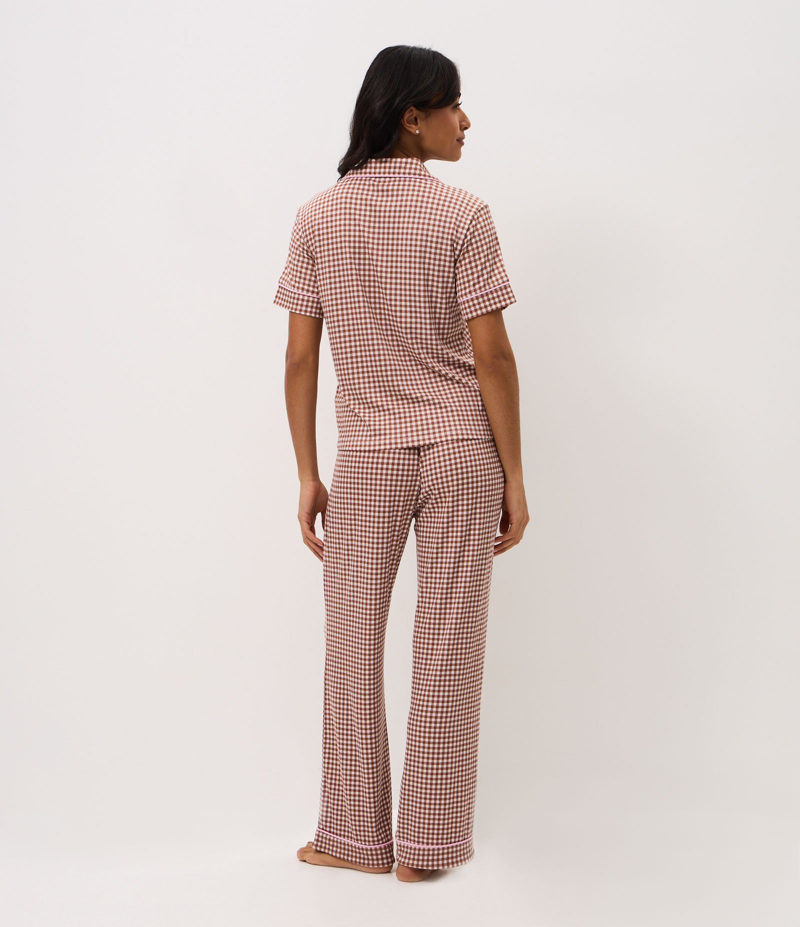 Pijama Longo Americano em Ribana com Estampa Xadrez Vichy Marrom 5
