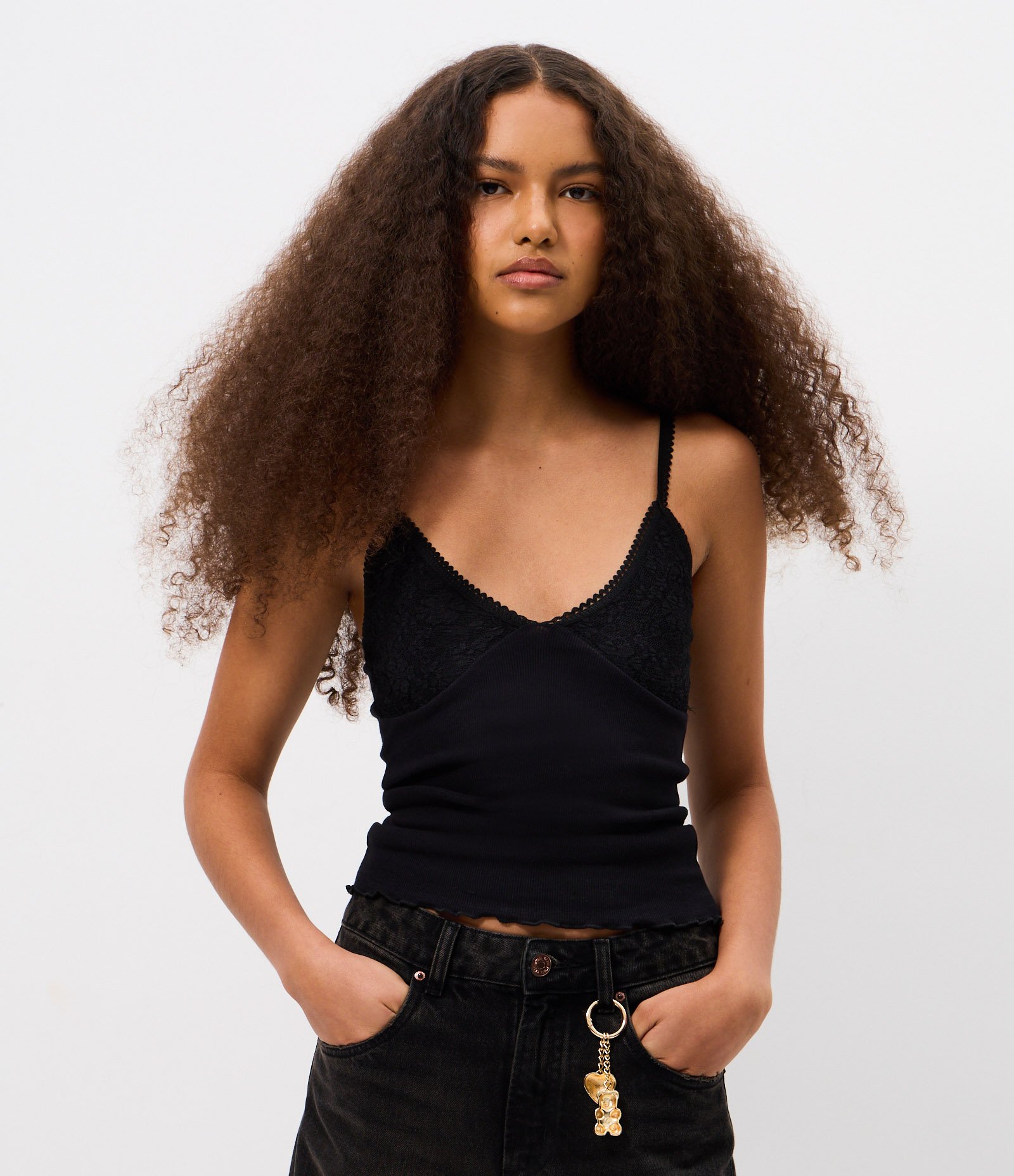 Blusa de Alcinha Texturizada com Busto em Renda Preto 1
