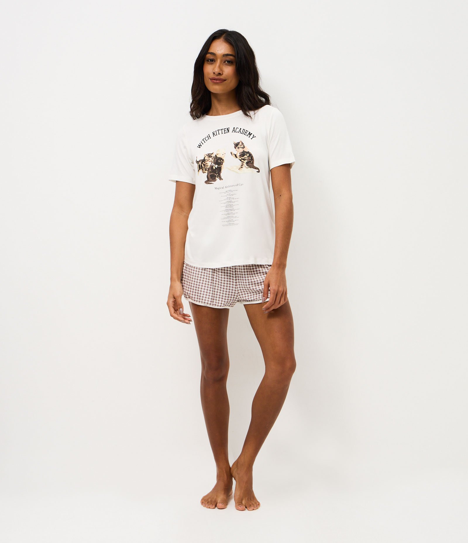 Pijama Curto em Viscolycra com Gatos Estampado Branco 1