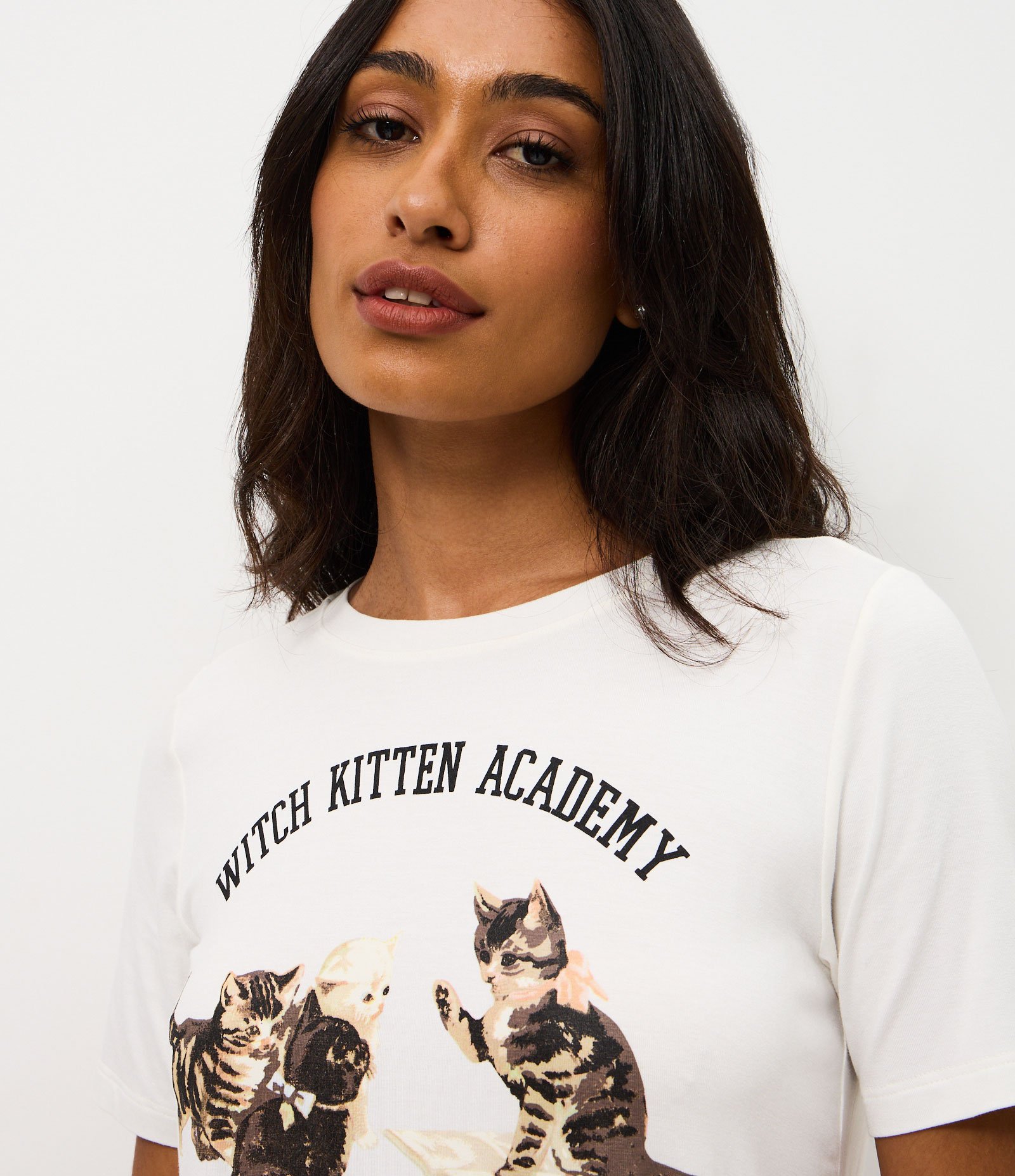 Pijama Curto em Viscolycra com Gatos Estampado Branco 2