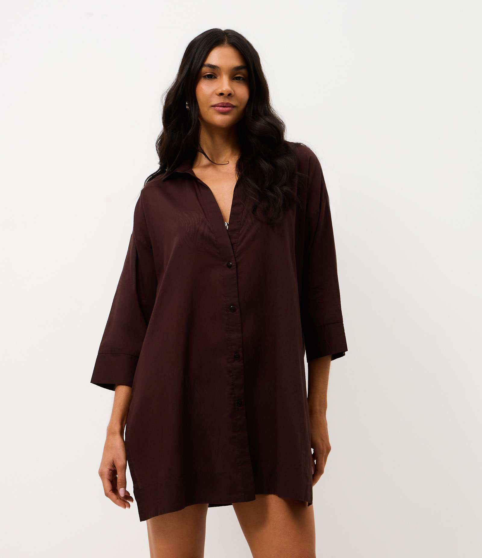 Saída de Praia Chemise em Cotton com Manga 3/4 Marrom 1