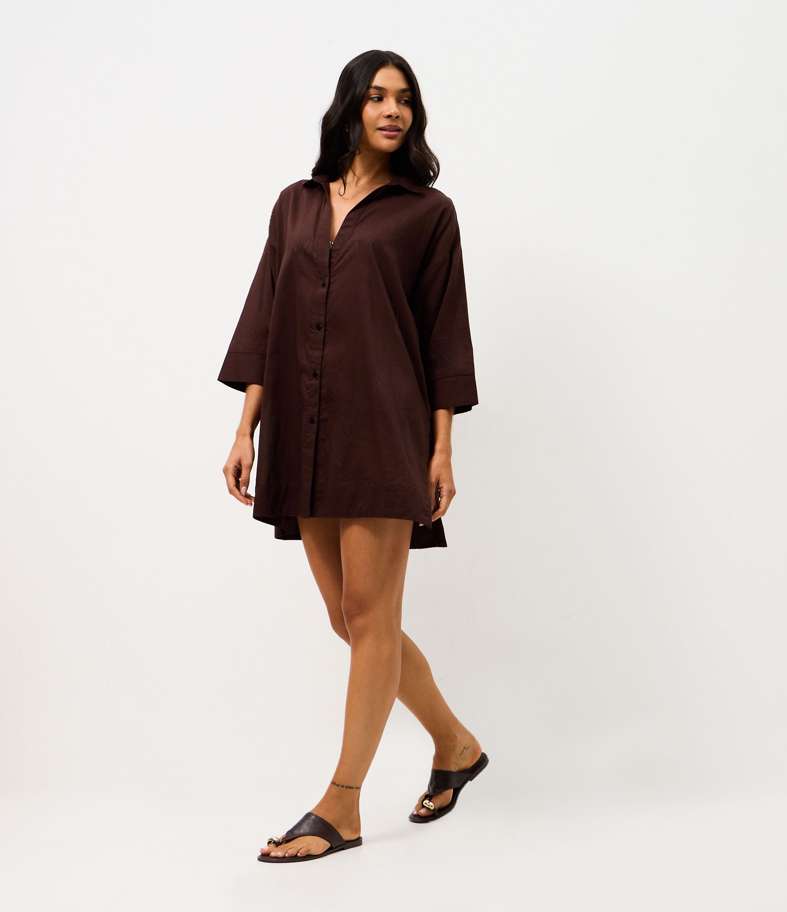 Saída de Praia Chemise em Cotton com Manga 3/4 Marrom 2