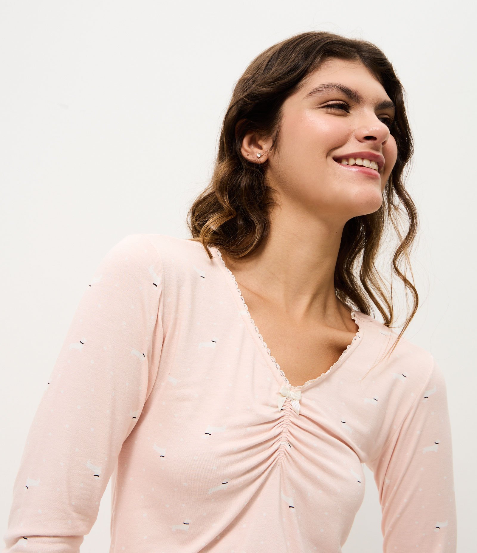 Blusa de Pijama Longa em Viscolycra com Estampa de Cachorrinhos Rosa 3