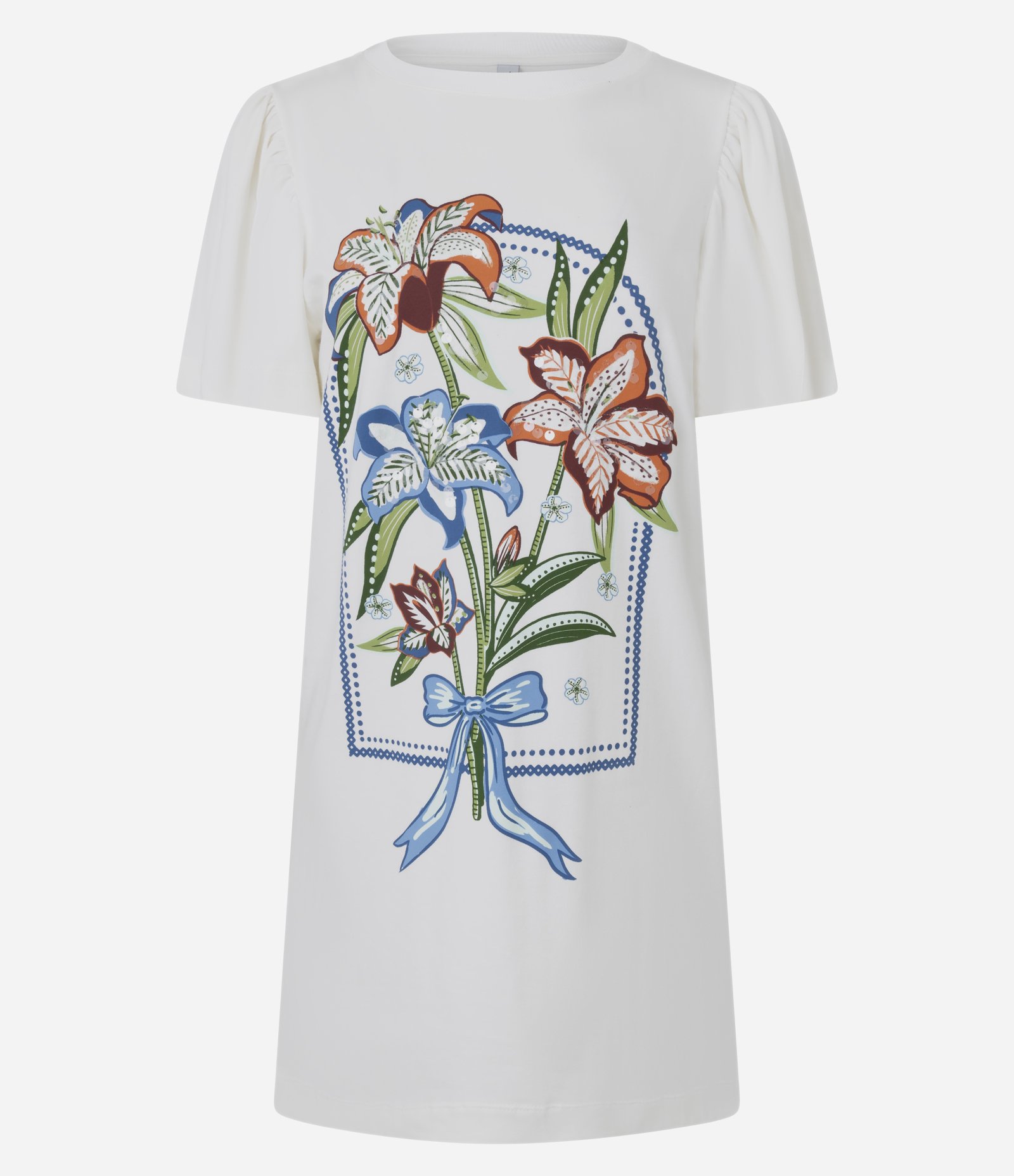 Vestido Curto com Estampa Flores e Manga Bufante Branco 1