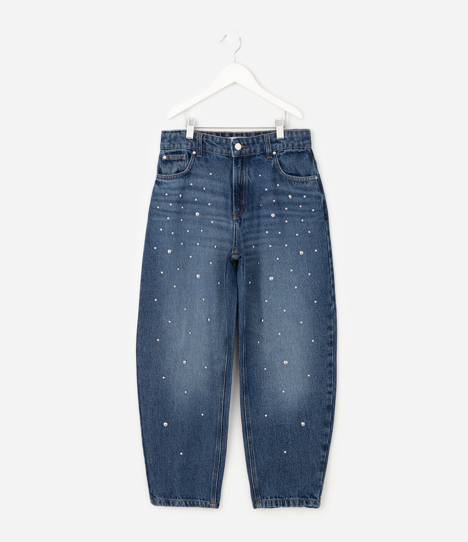 Calça Infantil Baggy em Jeans com Aplicação de Strass – Tam 7 a 16 Anos Azul 1