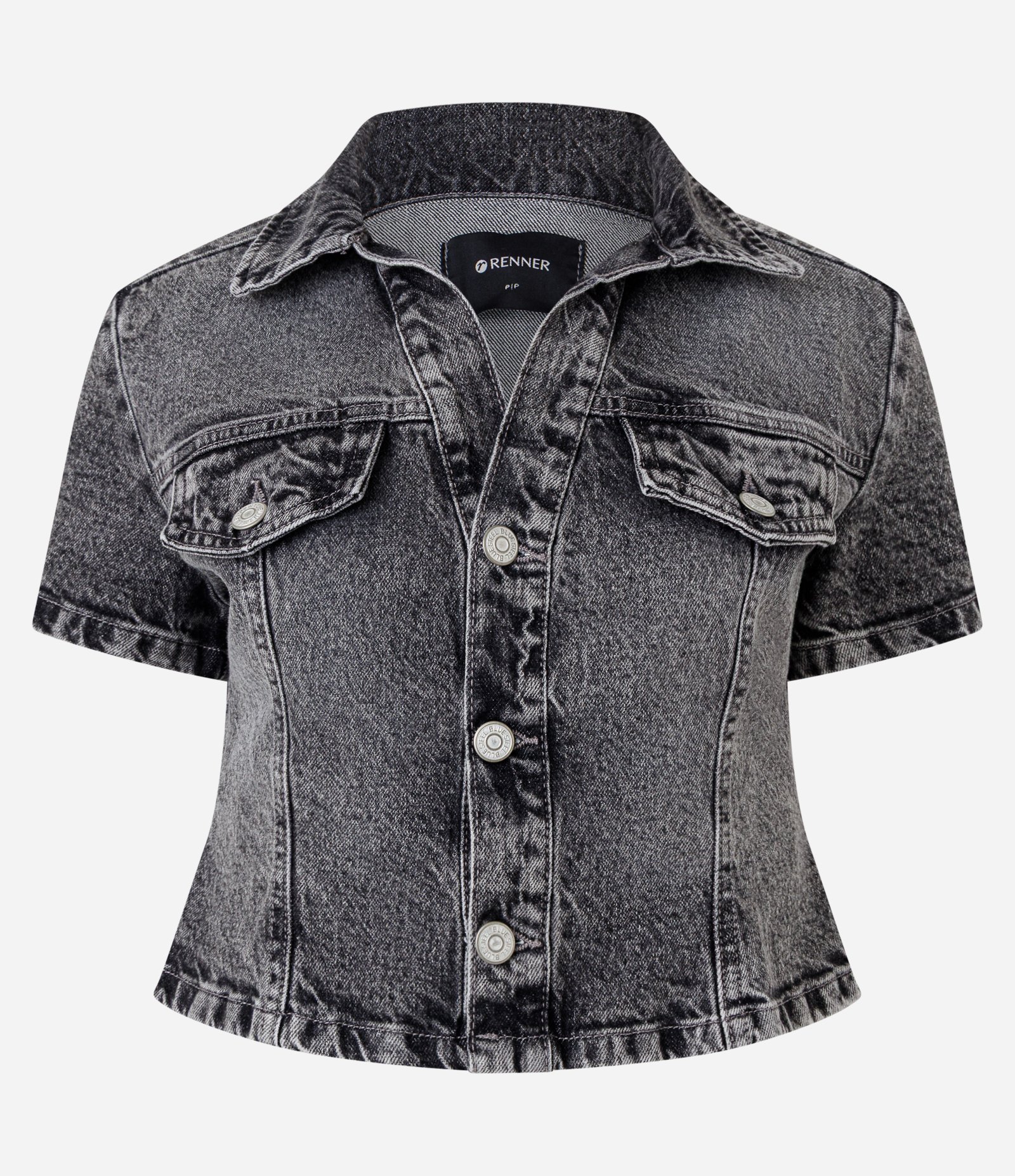 Blusa Acinturada em Jeans Estonado com Recortes Preto 1