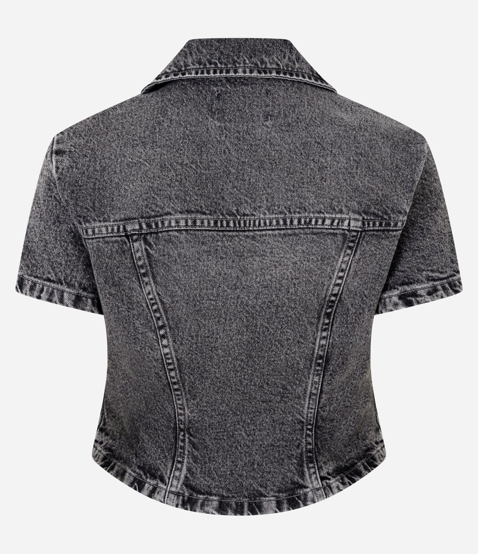 Blusa Acinturada em Jeans Estonado com Recortes Preto 2