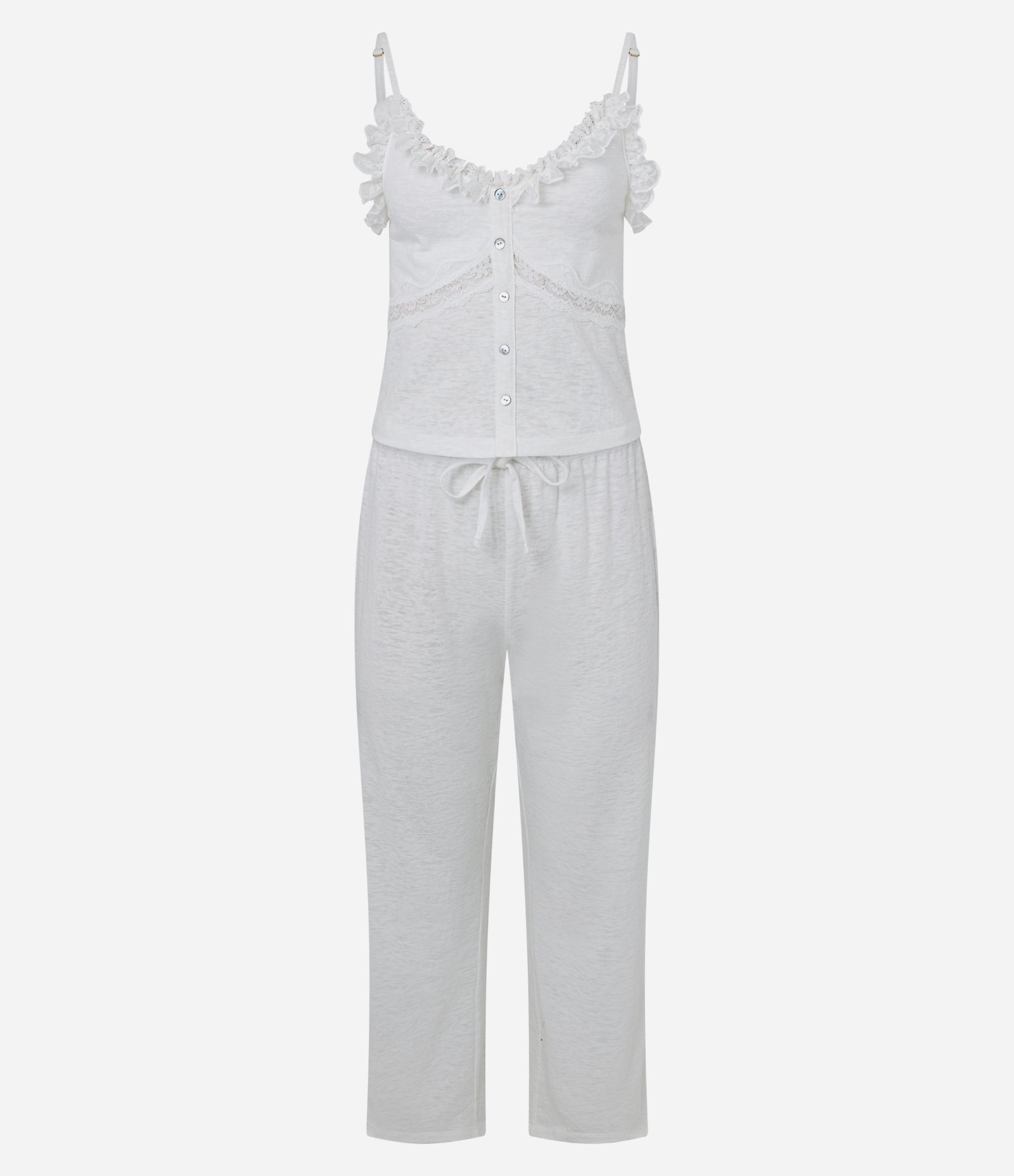 Pijama Longo em Flame com Renda e Abotoamento Frontal Branco 6