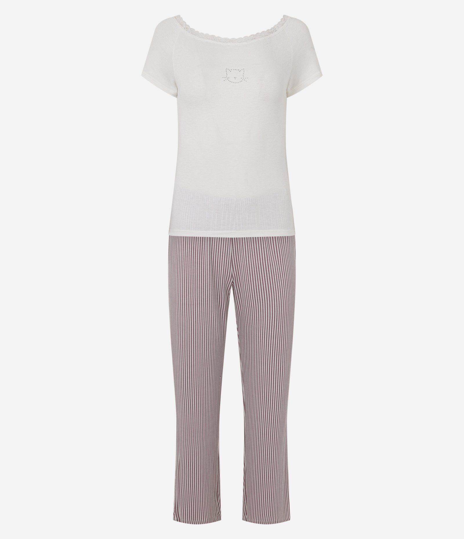 Pijama Longo em Ribana com Gatinho de Strass Branco/Vermelho 1