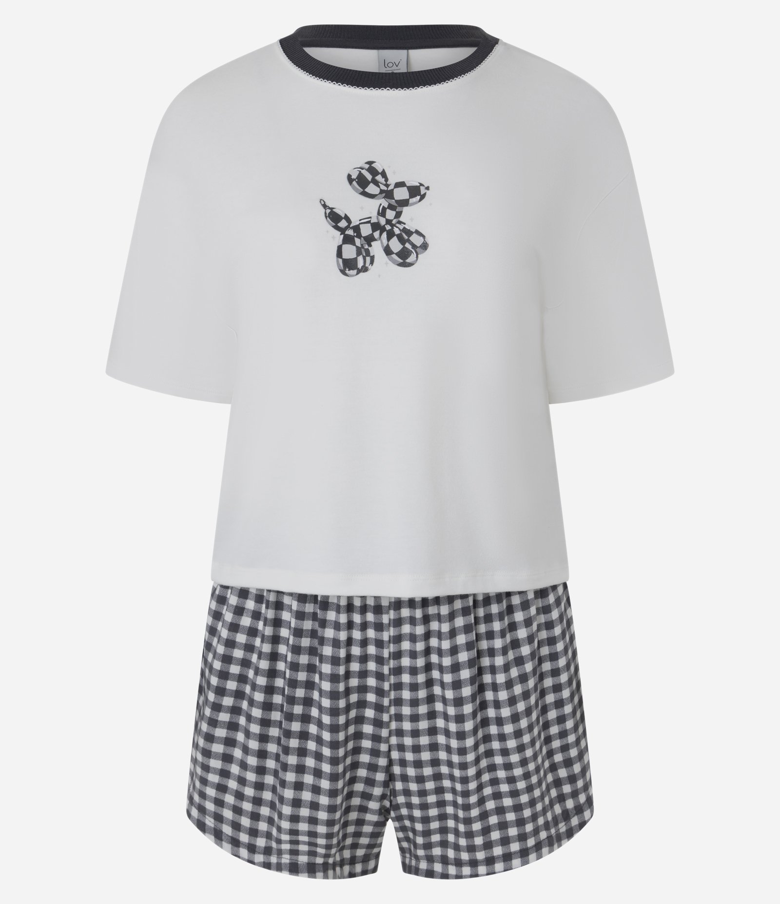 Pijama Curto com Estampa Xadrez e Cachorrinho de Balão Branco/Preto 5