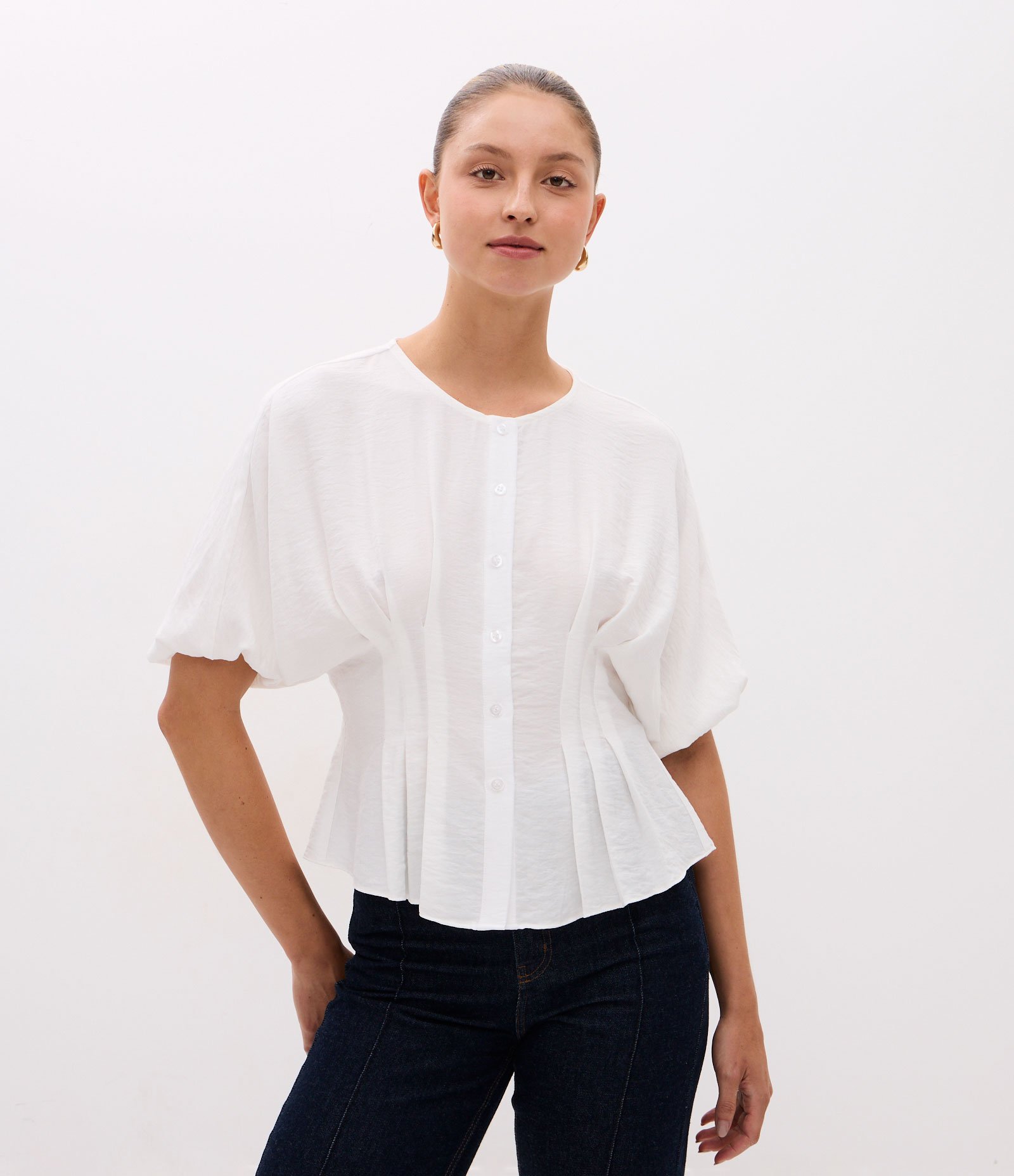 Camisa Peplum com Mangas Bufantes e Cintura Drapeada Branco 1