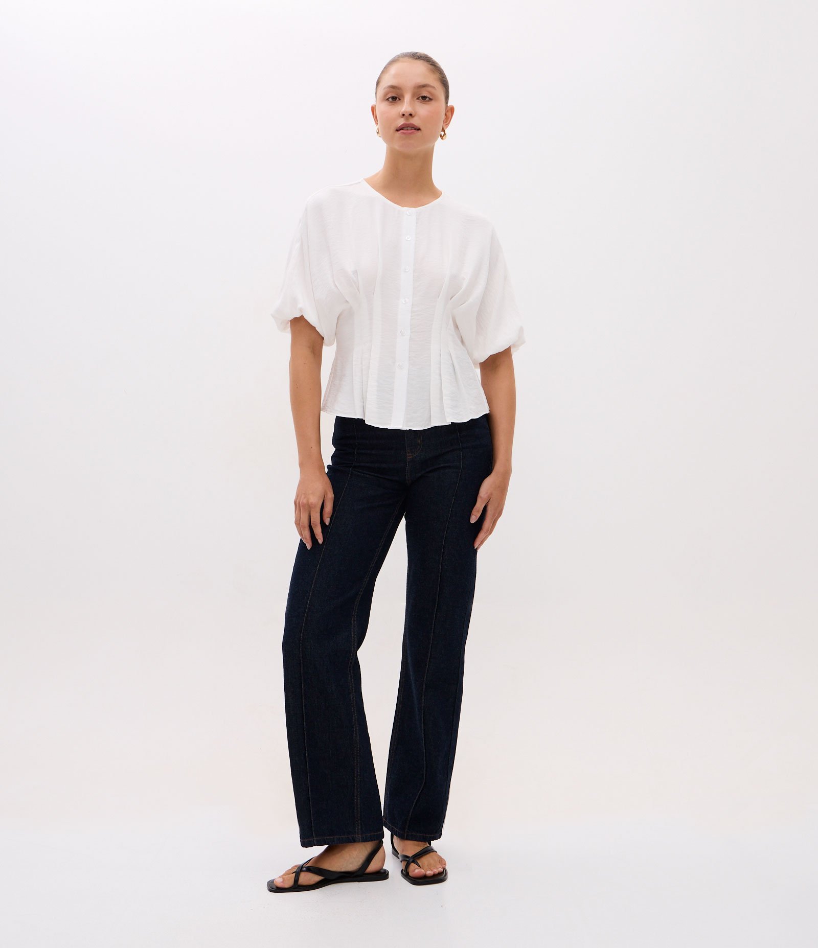 Camisa Peplum com Mangas Bufantes e Cintura Drapeada Branco 2
