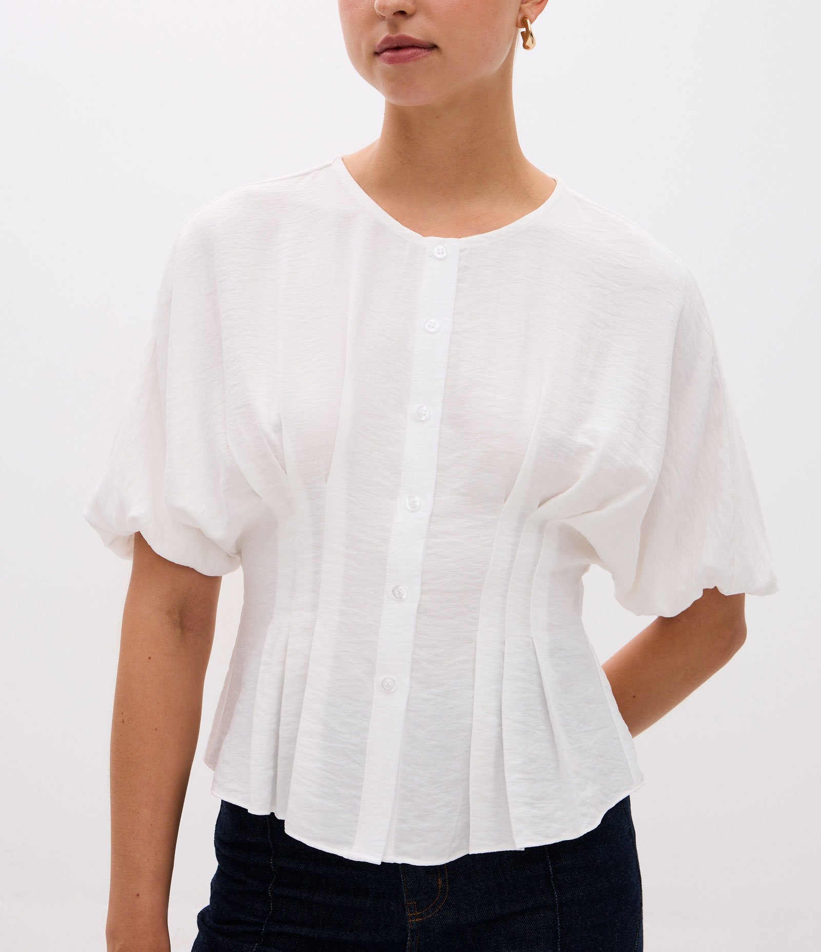 Camisa Peplum com Mangas Bufantes e Cintura Drapeada Branco 3