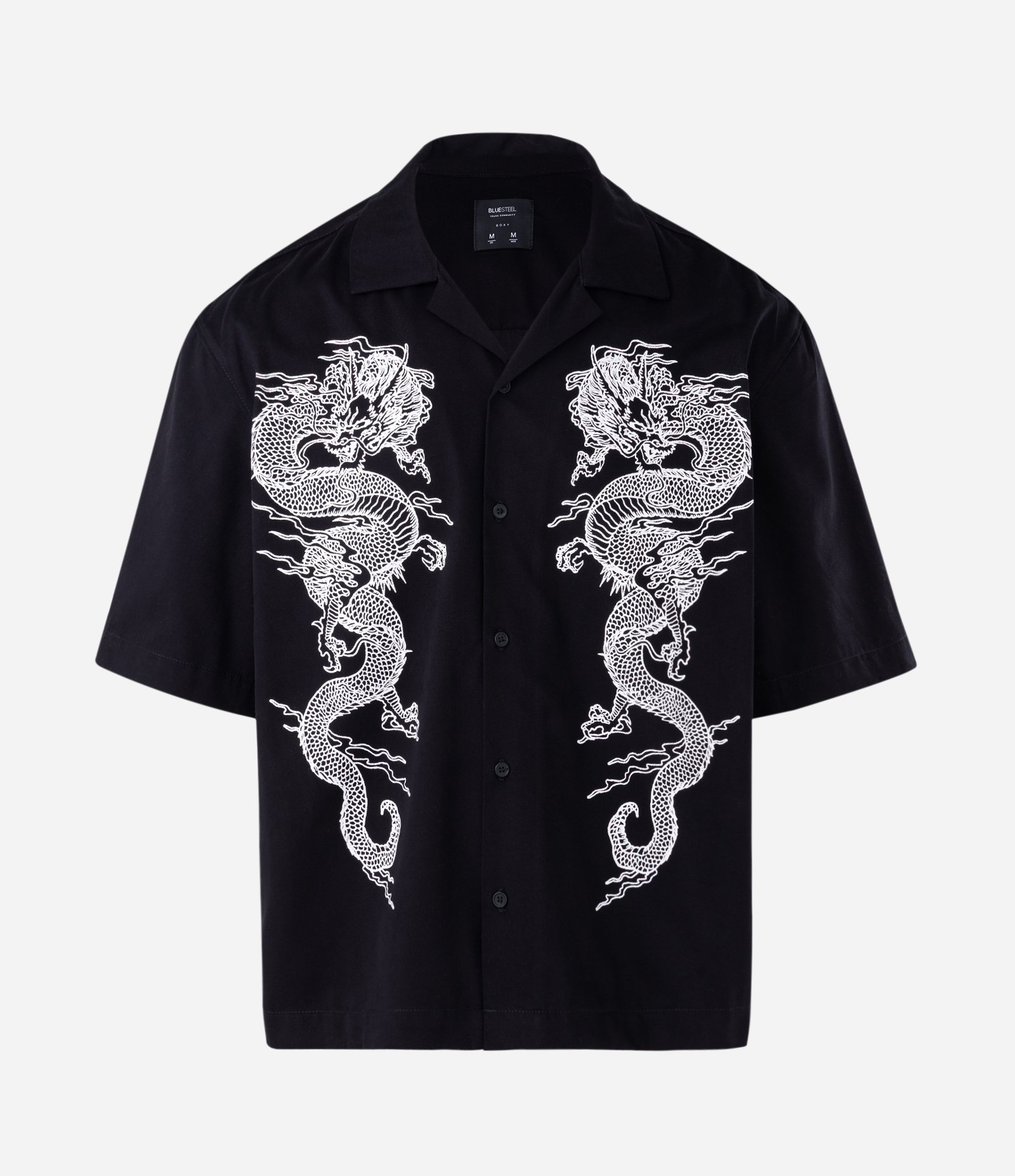 Camisa Boxy em Sarja com Estampa de Dragões Preto 4