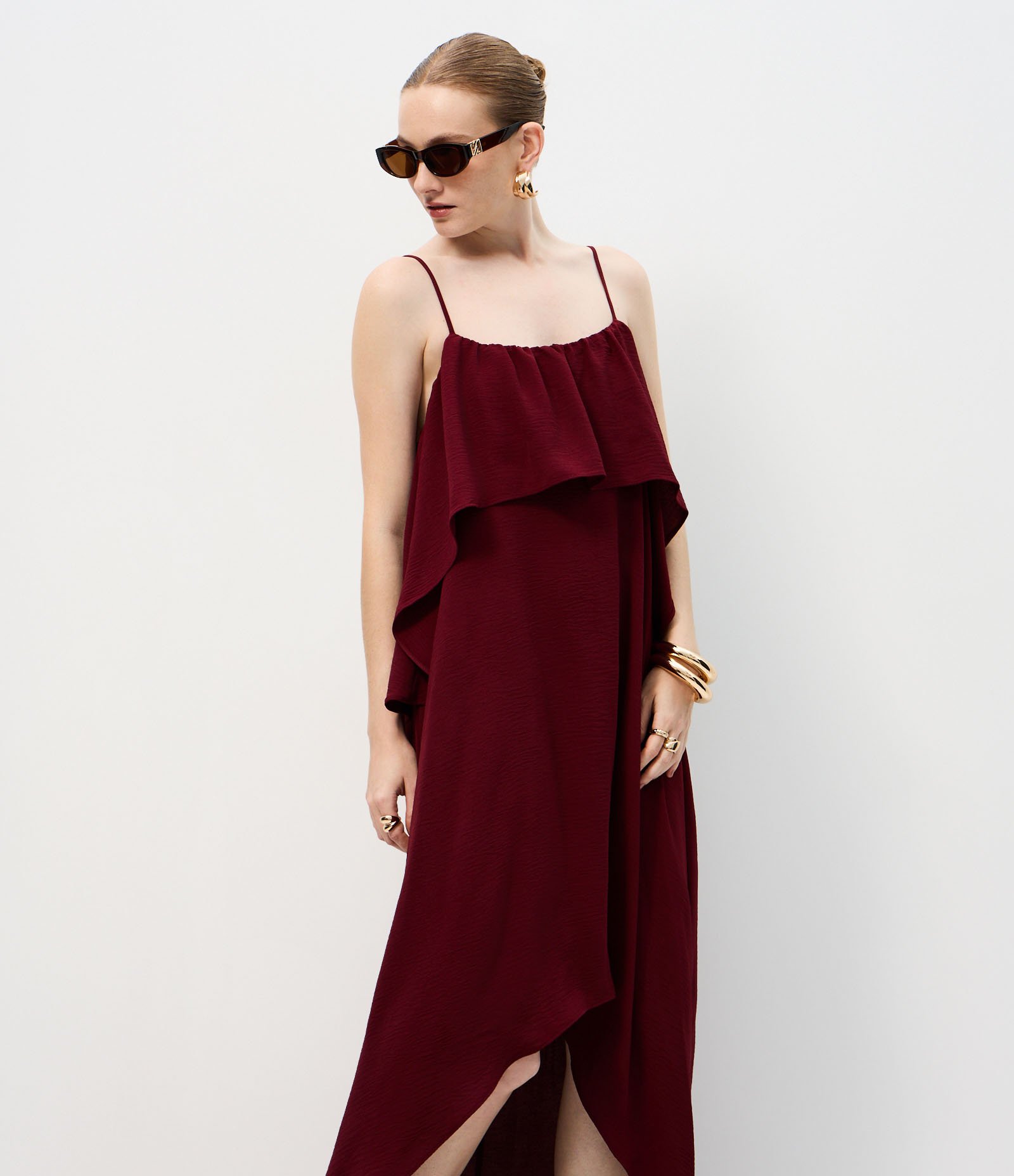 Vestido Midi Fluido com Camada Sobreposta Vermelho 1