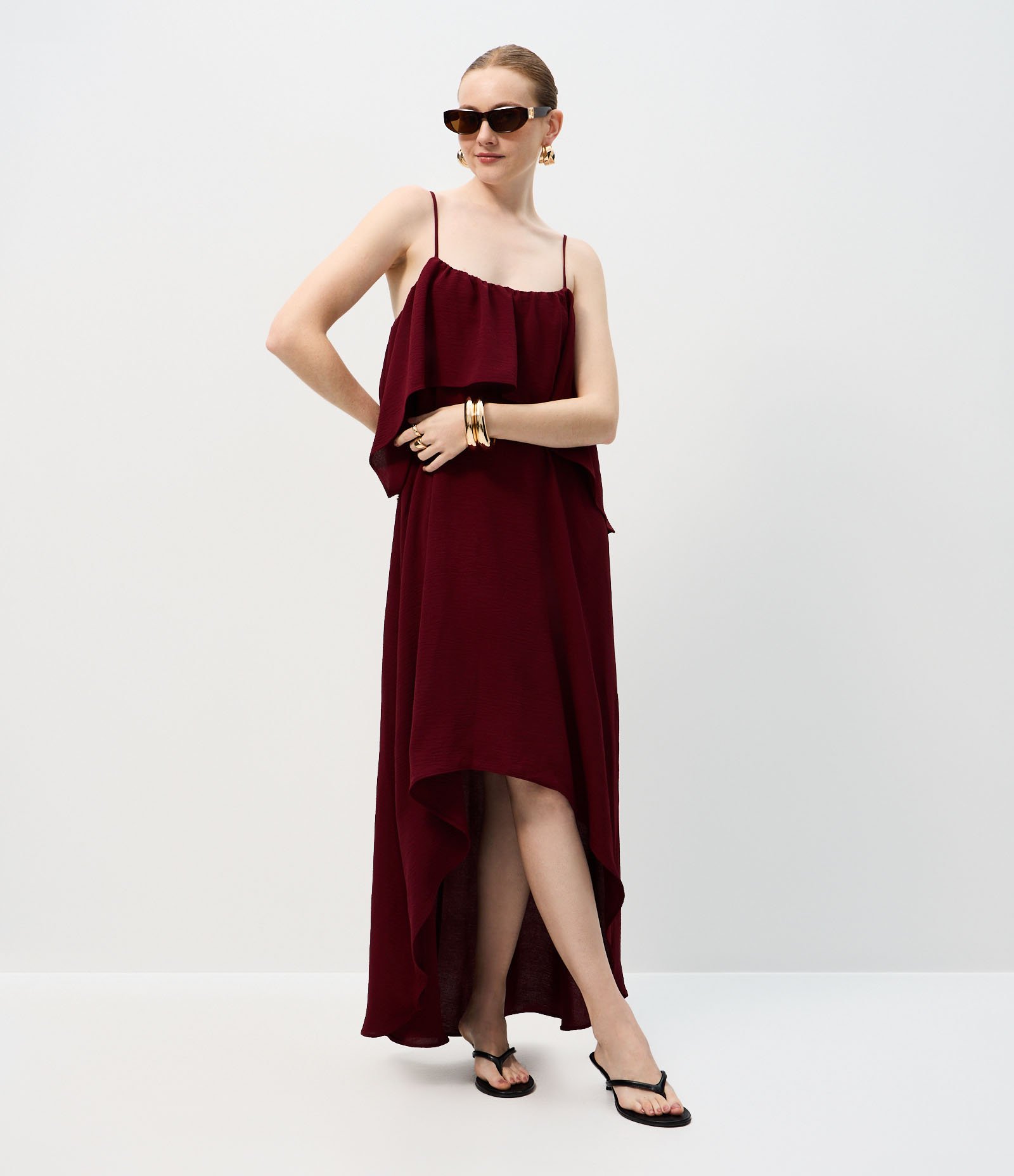 Vestido Midi Fluido com Camada Sobreposta Vermelho 2
