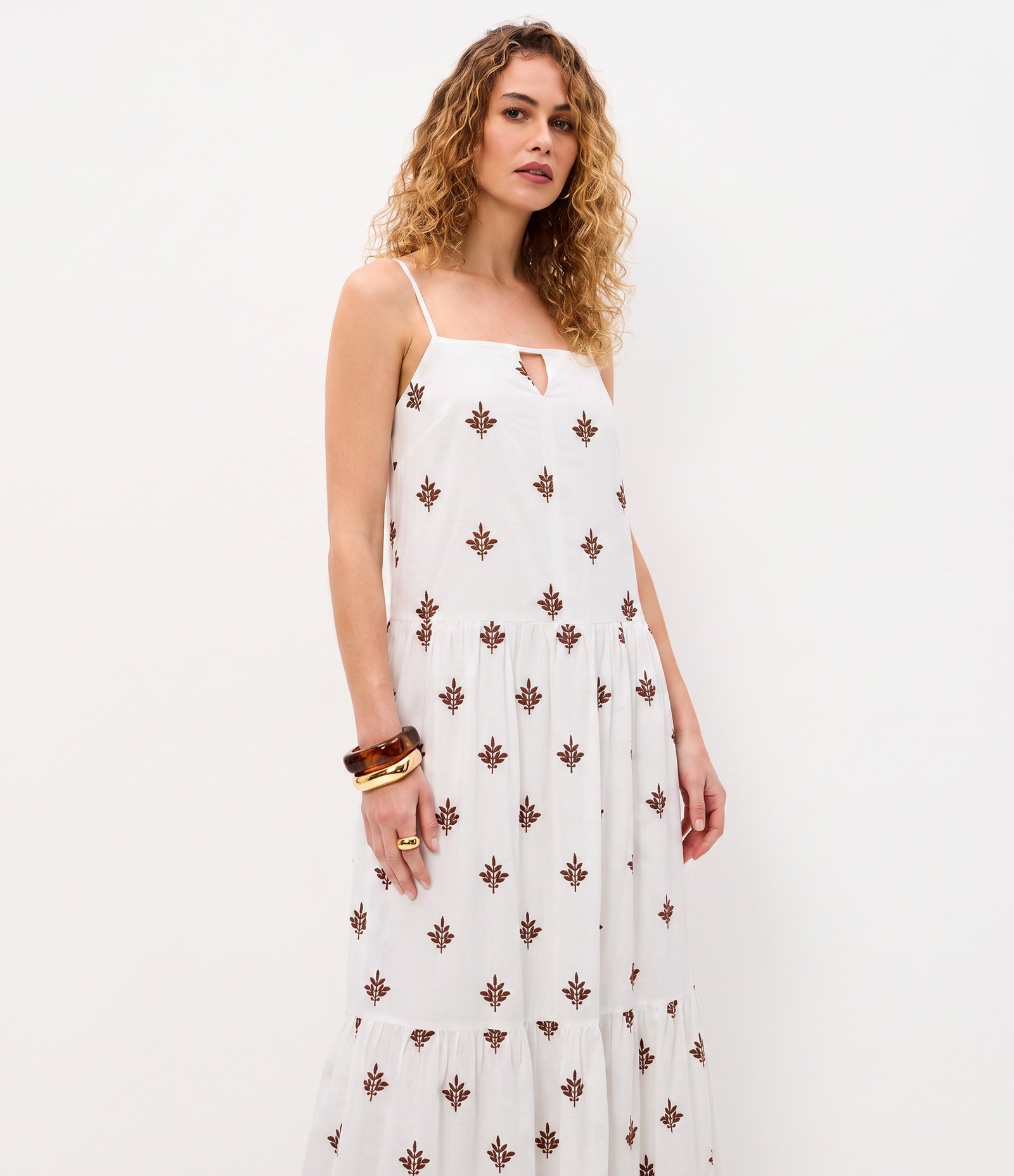 Vestido Longo em Tricoline com Estampa Bordada Branco 2