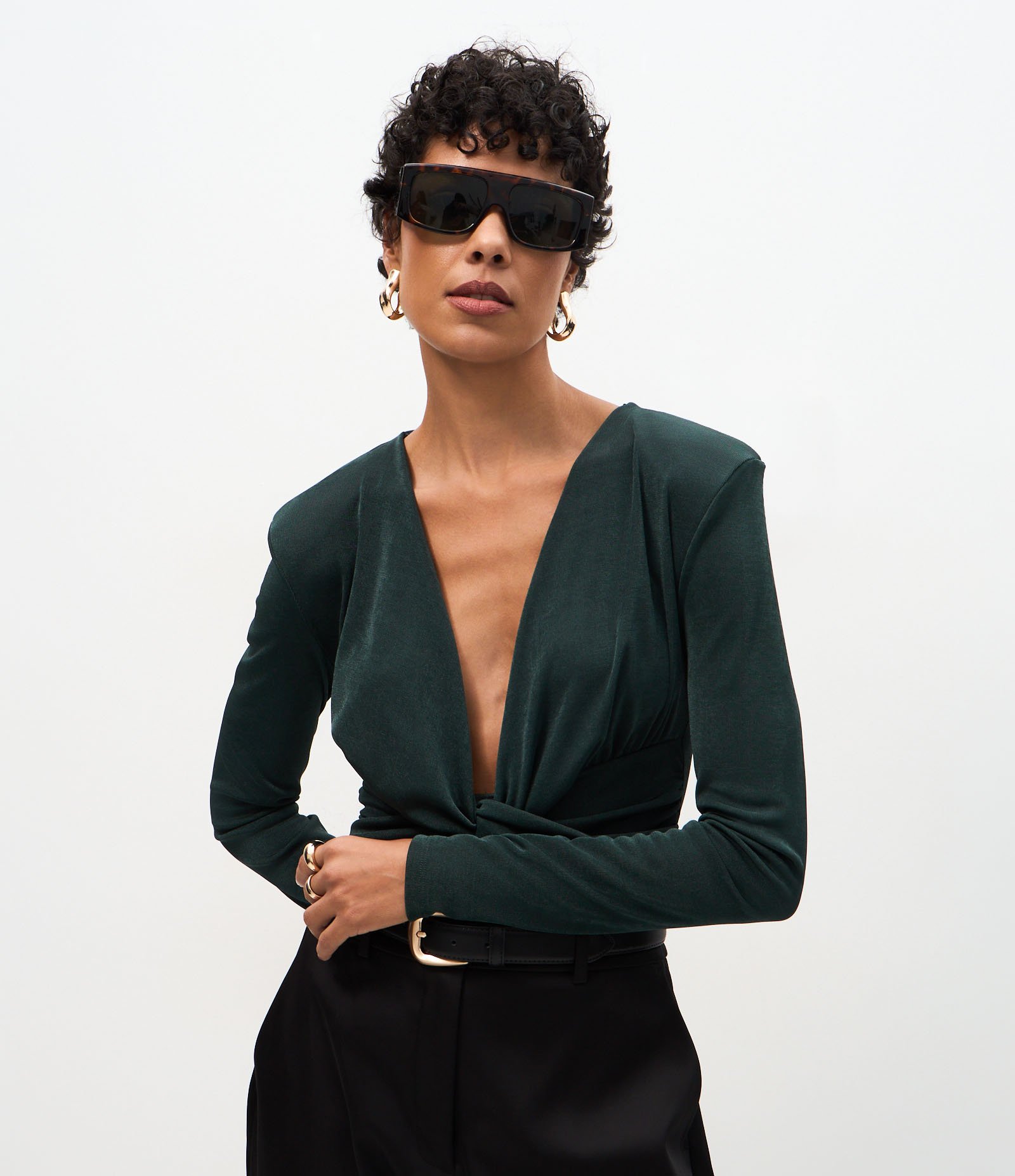 Body Ribana com Decote V e Ombreiras Verde 1
