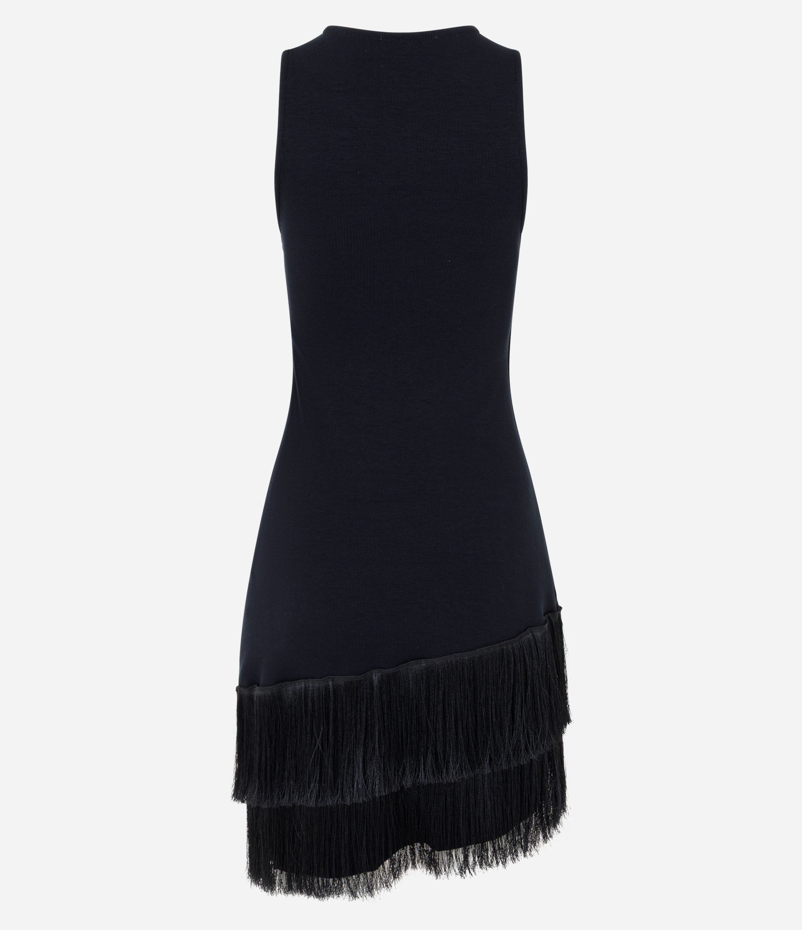Vestido em Ribana com Aplicação de Franjas Assimétricas Preto 8