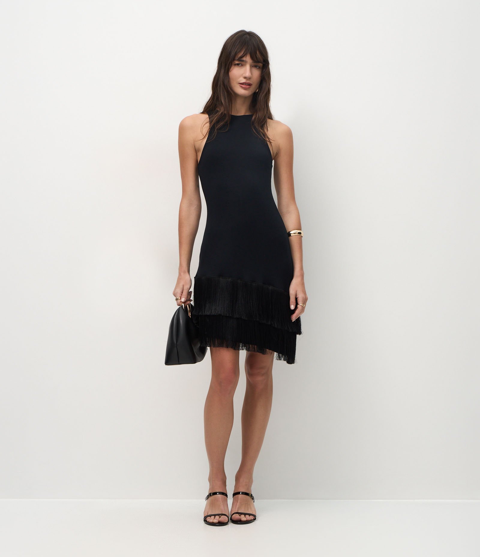 Vestido em Ribana com Aplicação de Franjas Assimétricas Preto 2
