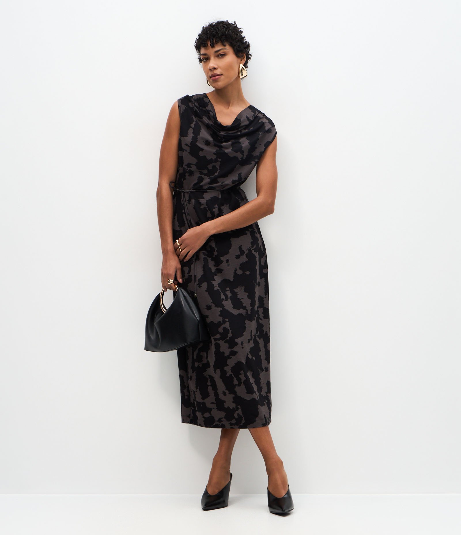 Vestido Midi Estampado com Gola Drapeada Lilás 1