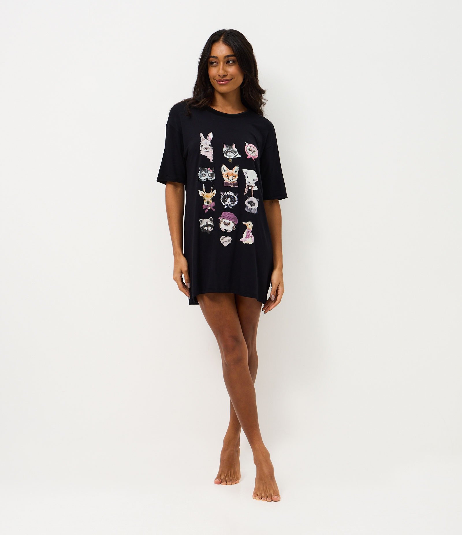 Camisola Curta em Viscolycra com Estampa de Animais Preto 1