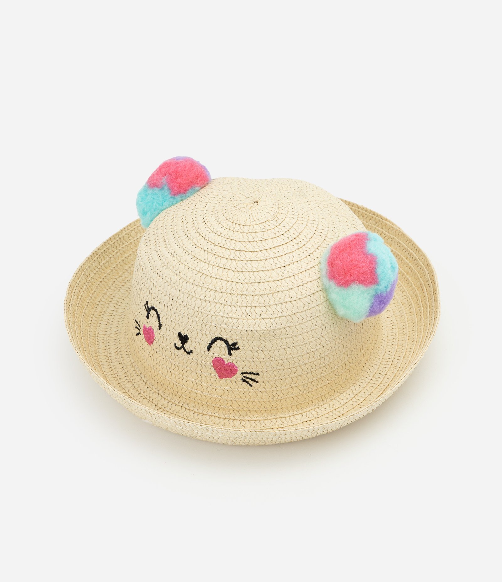 Chapéu Infantil de Palha com Orelhinhas Pompom e Carinha Bordada Tamanho Único Amarelo 1