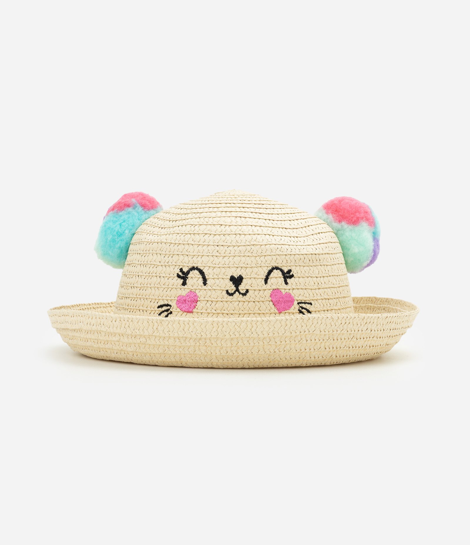 Chapéu Infantil de Palha com Orelhinhas Pompom e Carinha Bordada Tamanho Único Amarelo 2
