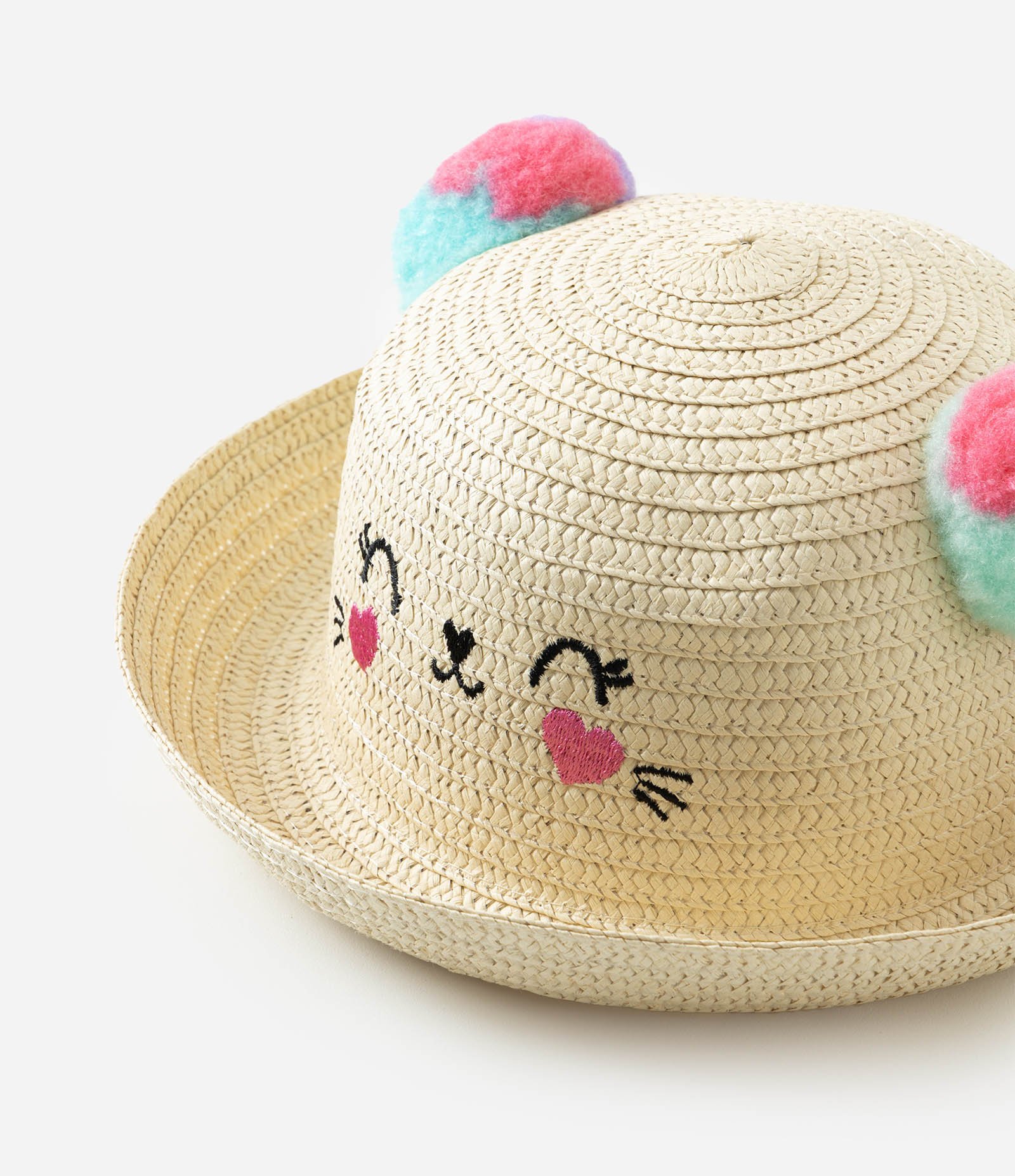Chapéu Infantil de Palha com Orelhinhas Pompom e Carinha Bordada Tamanho Único Amarelo 3