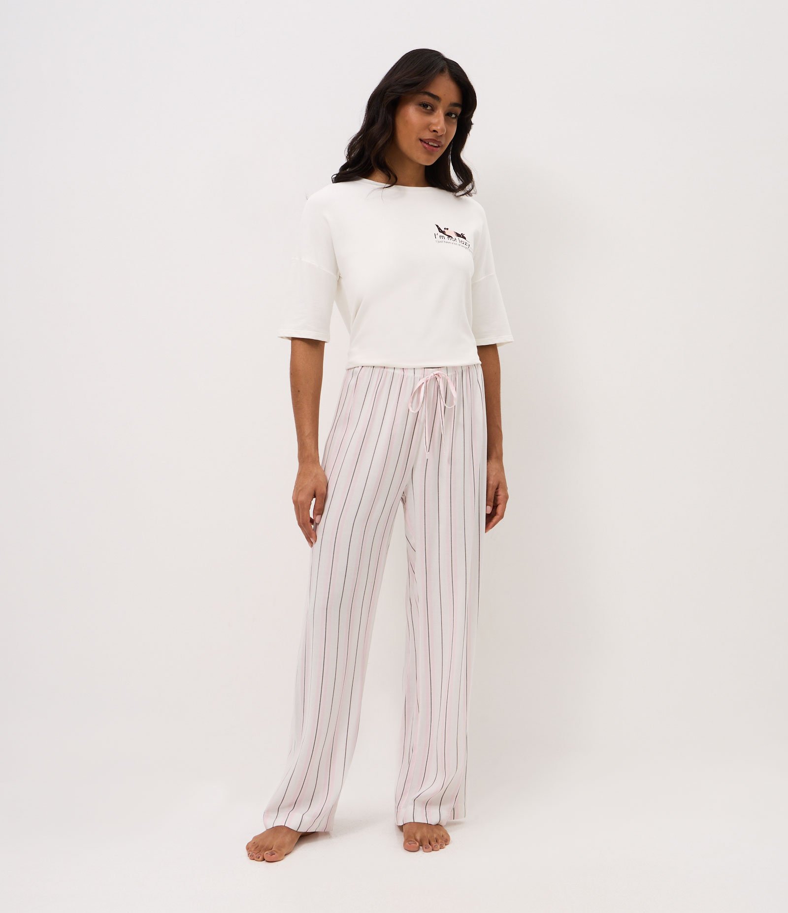 Calça de Pijama em Viscose com Estampa de Listras Branco 1