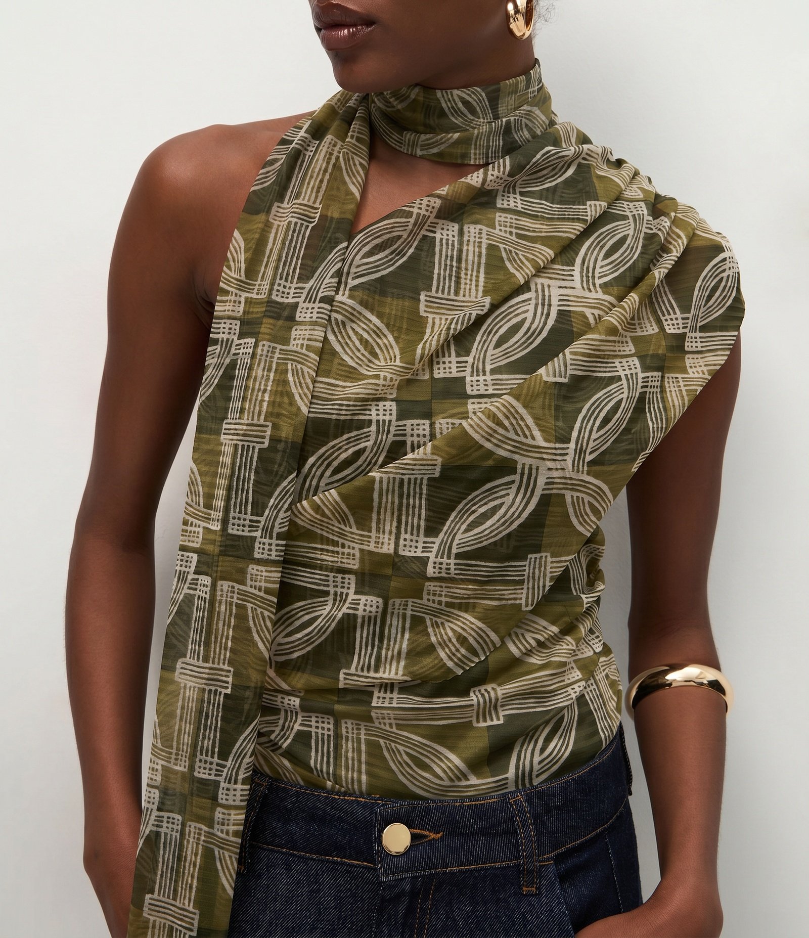 Blusa com Amarração no Pescoço e Estampa Geométrica Verde 4