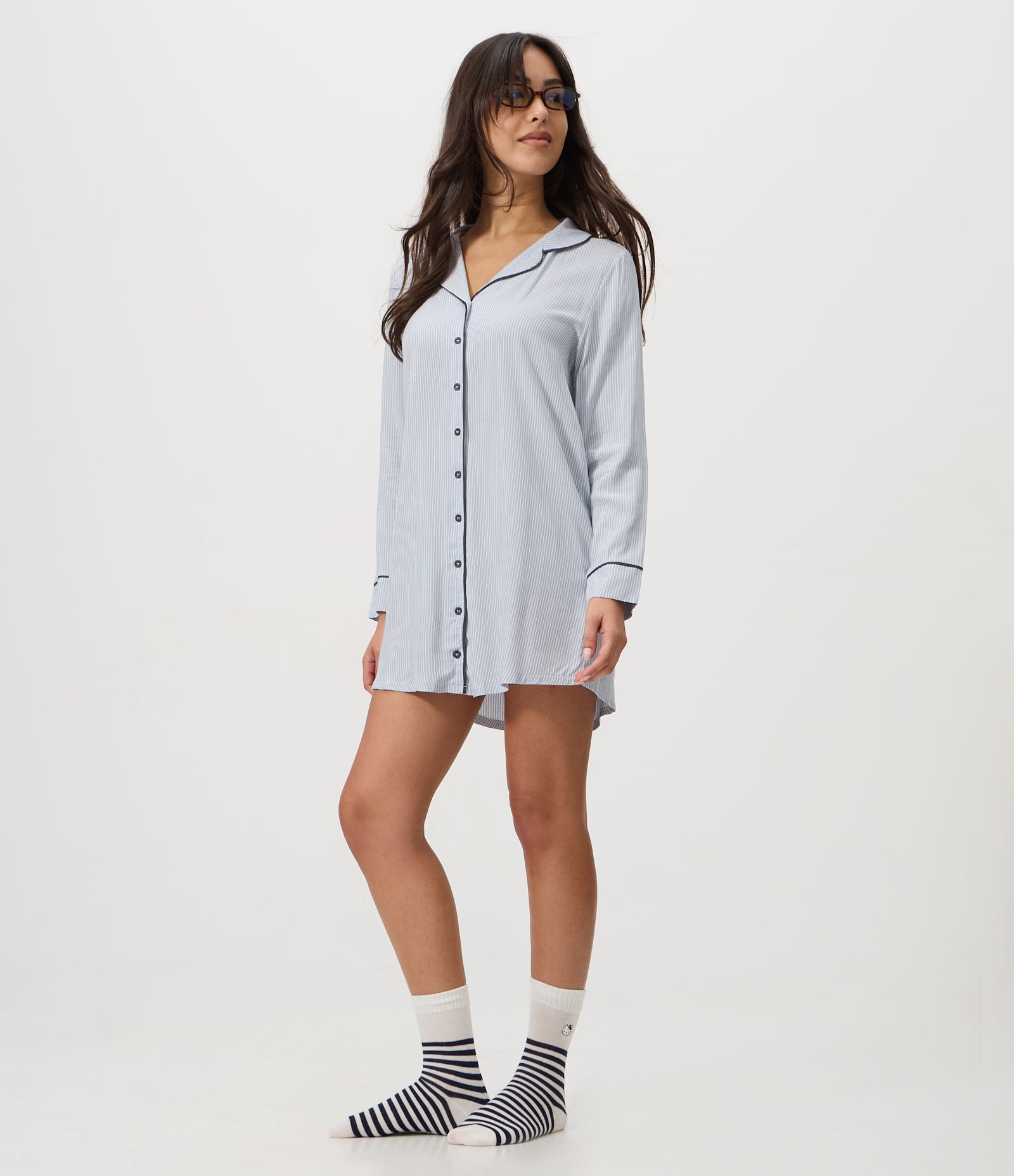 Camisola Americana Manga Longa em Viscose com Estampa Listrada Azul 2